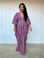 MALA handworks  Evelyn Kaftan in Red and Blue Abstract Pattern