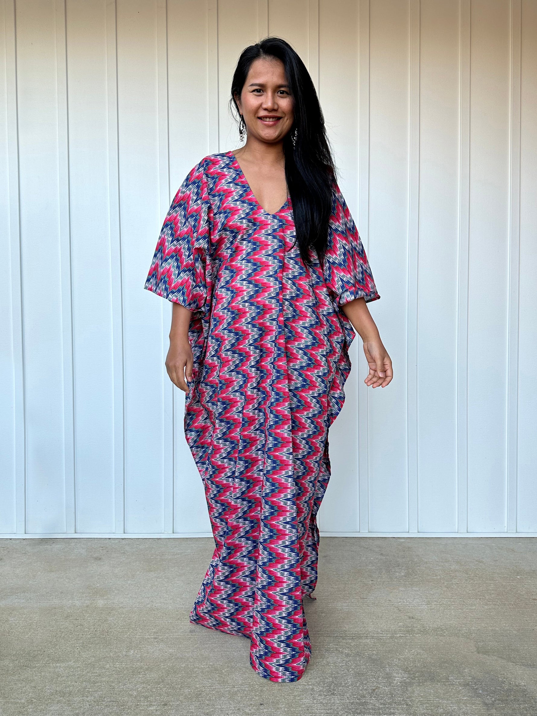 MALA handworks Evelyn Kaftan in Red and Blue Abstract Pattern