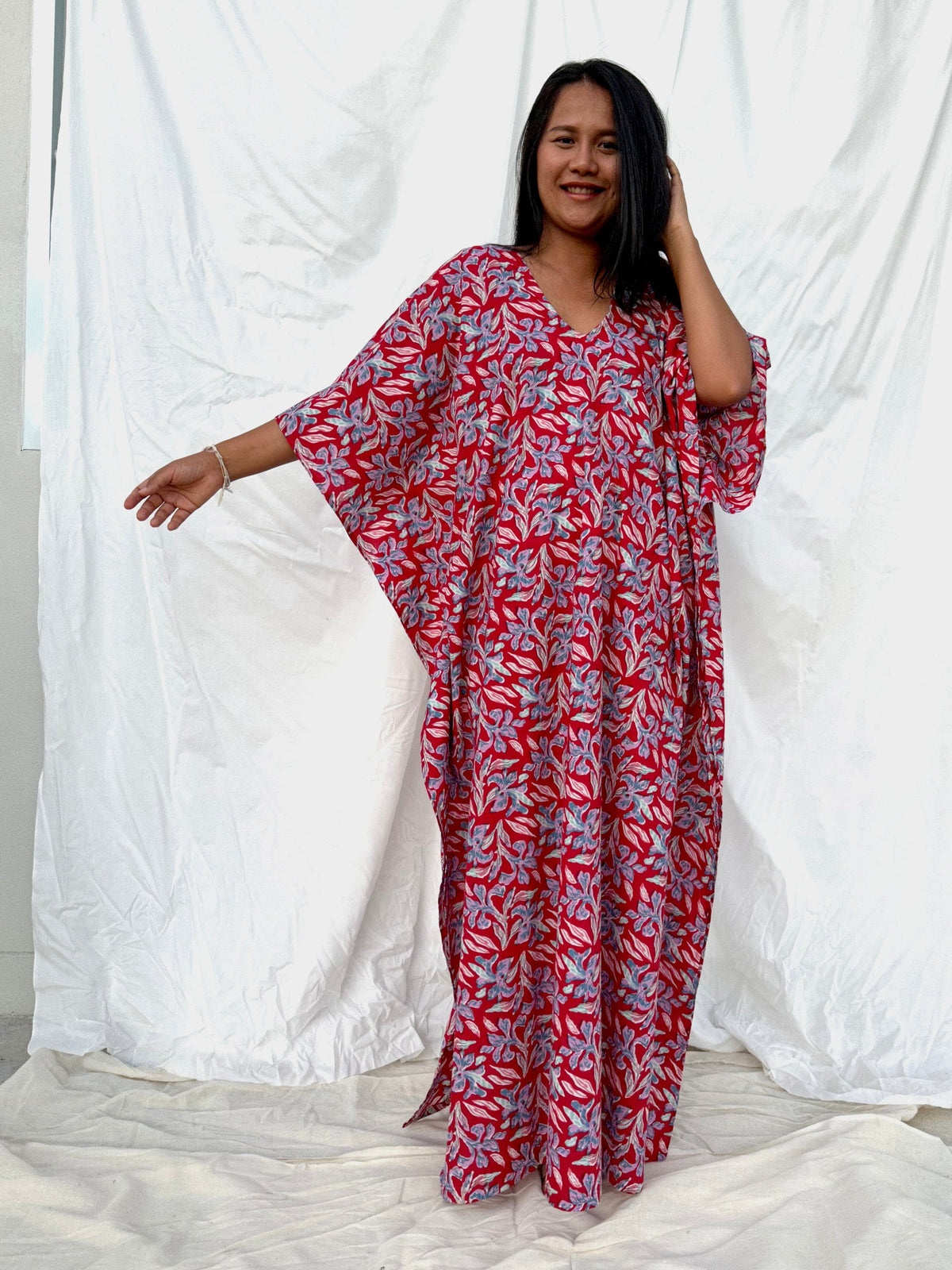 MALA handworks  56 Evelyn Kaftan in Red and Floral Pattern