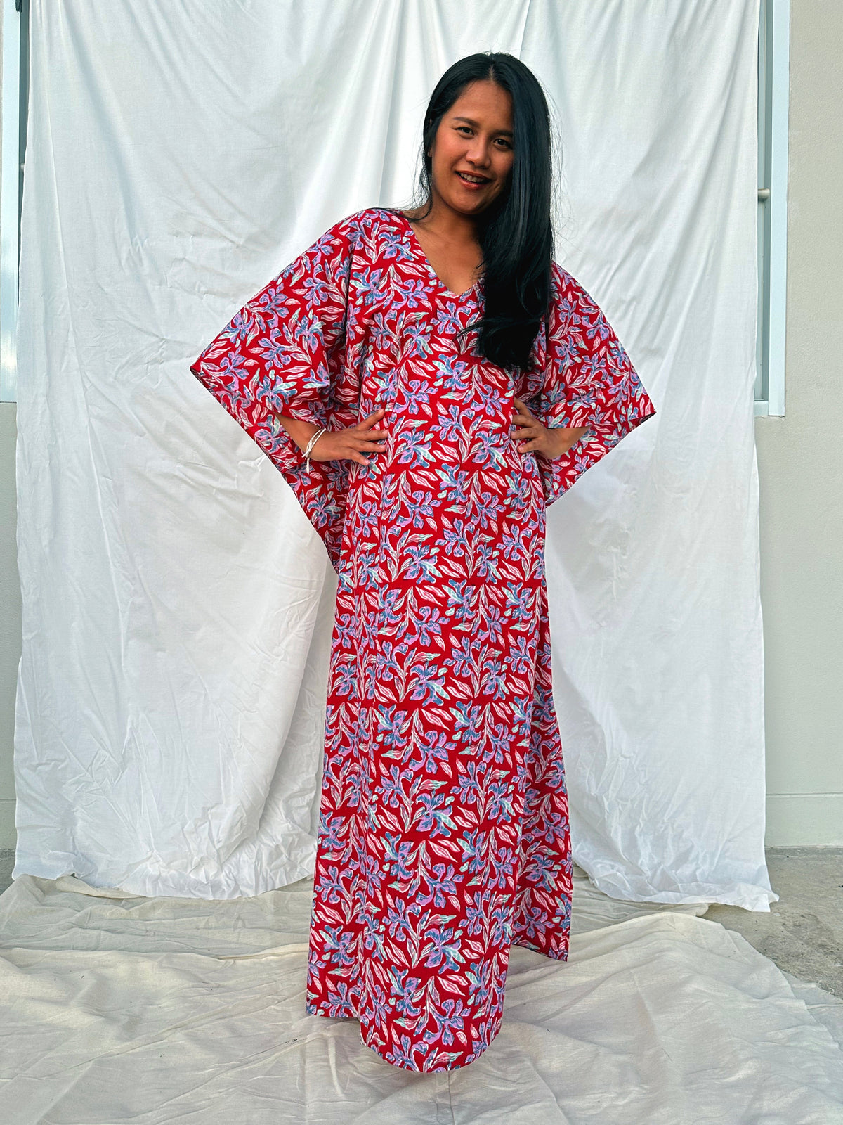 MALA handworks  56 Evelyn Kaftan in Red and Floral Pattern