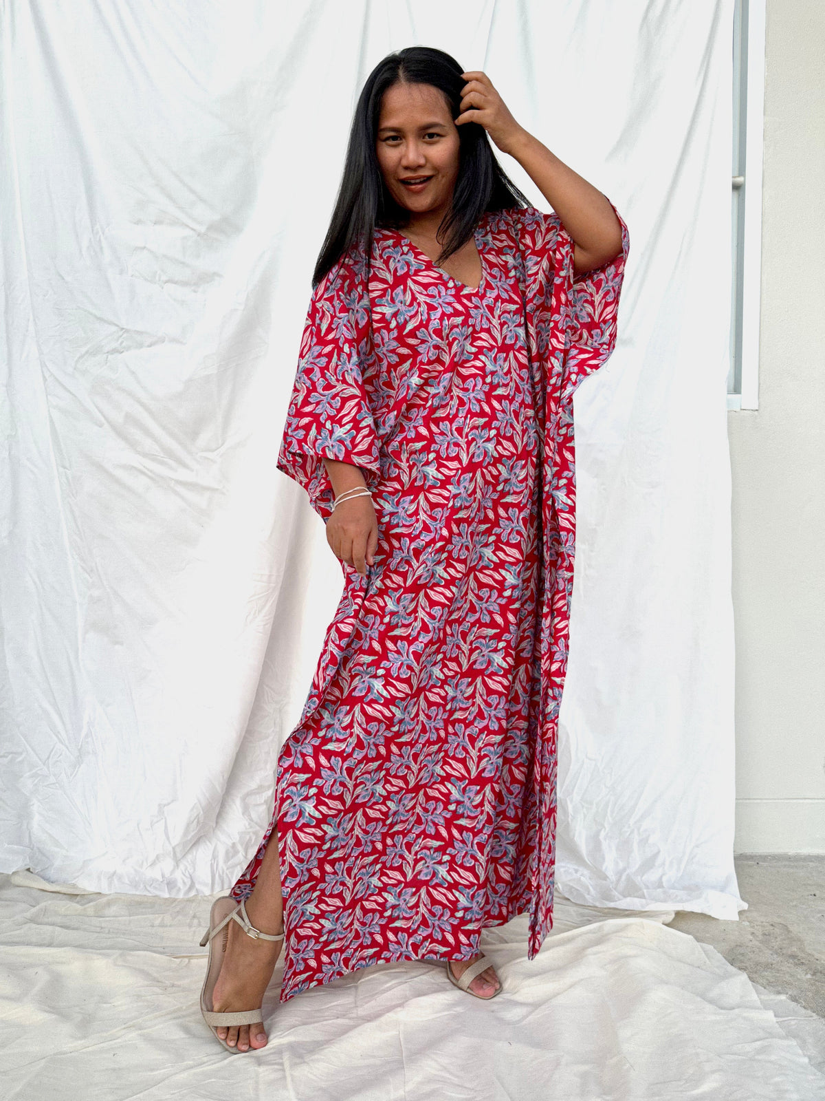 MALA handworks  56 Evelyn Kaftan in Red and Floral Pattern