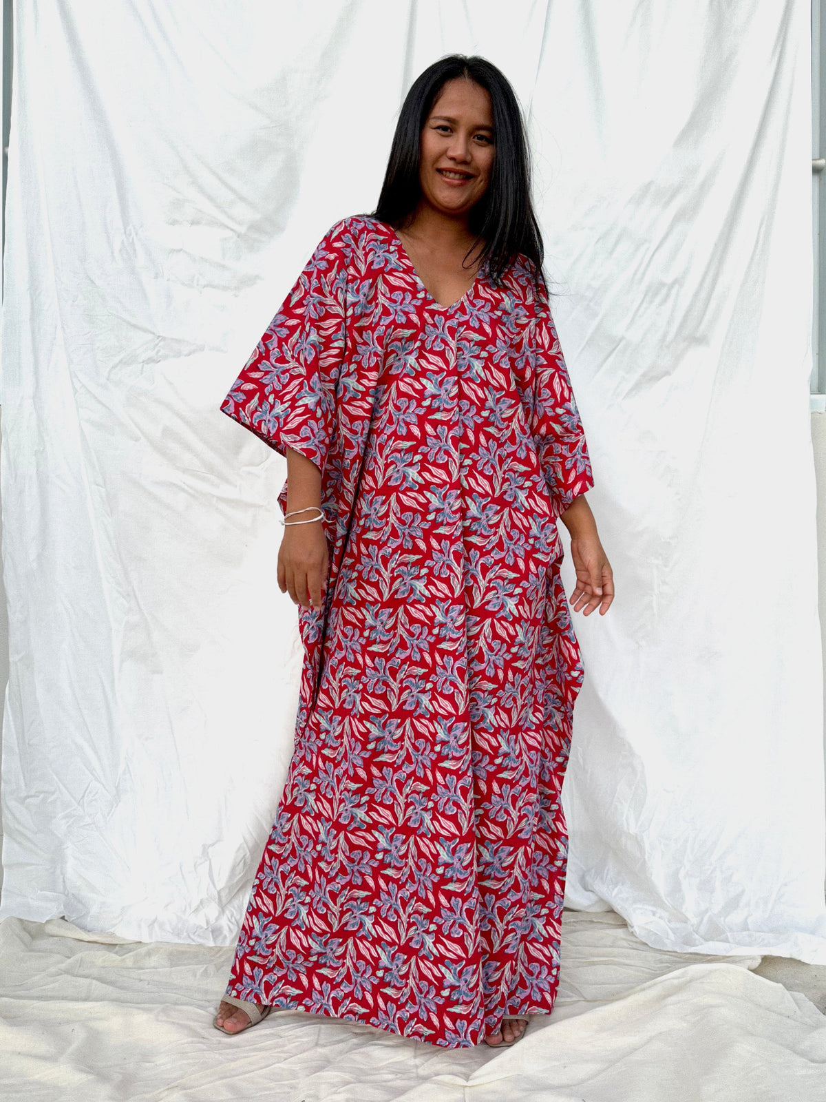 MALA handworks  56 Evelyn Kaftan in Red and Floral Pattern