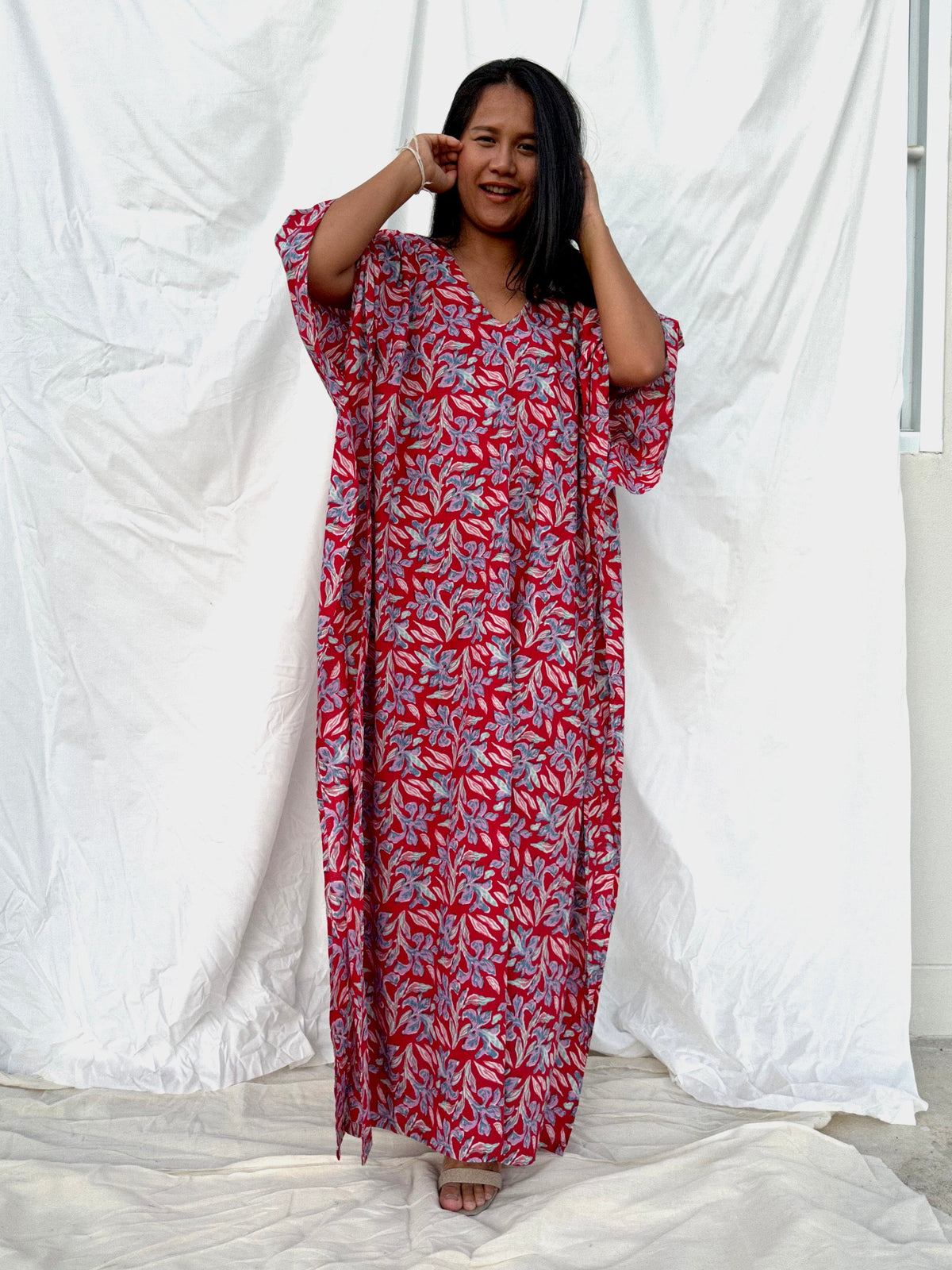MALA handworks  56 Evelyn Kaftan in Red and Floral Pattern