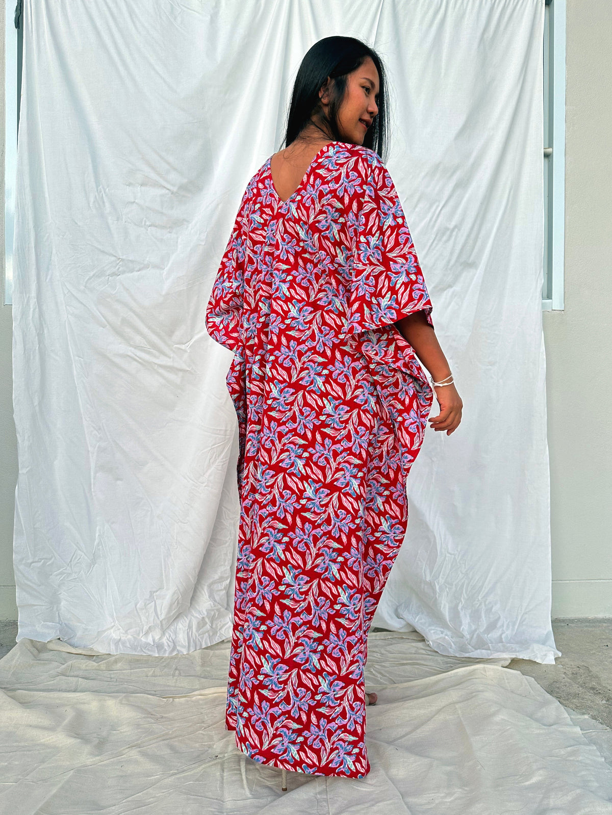 MALA handworks  56 Evelyn Kaftan in Red and Floral Pattern