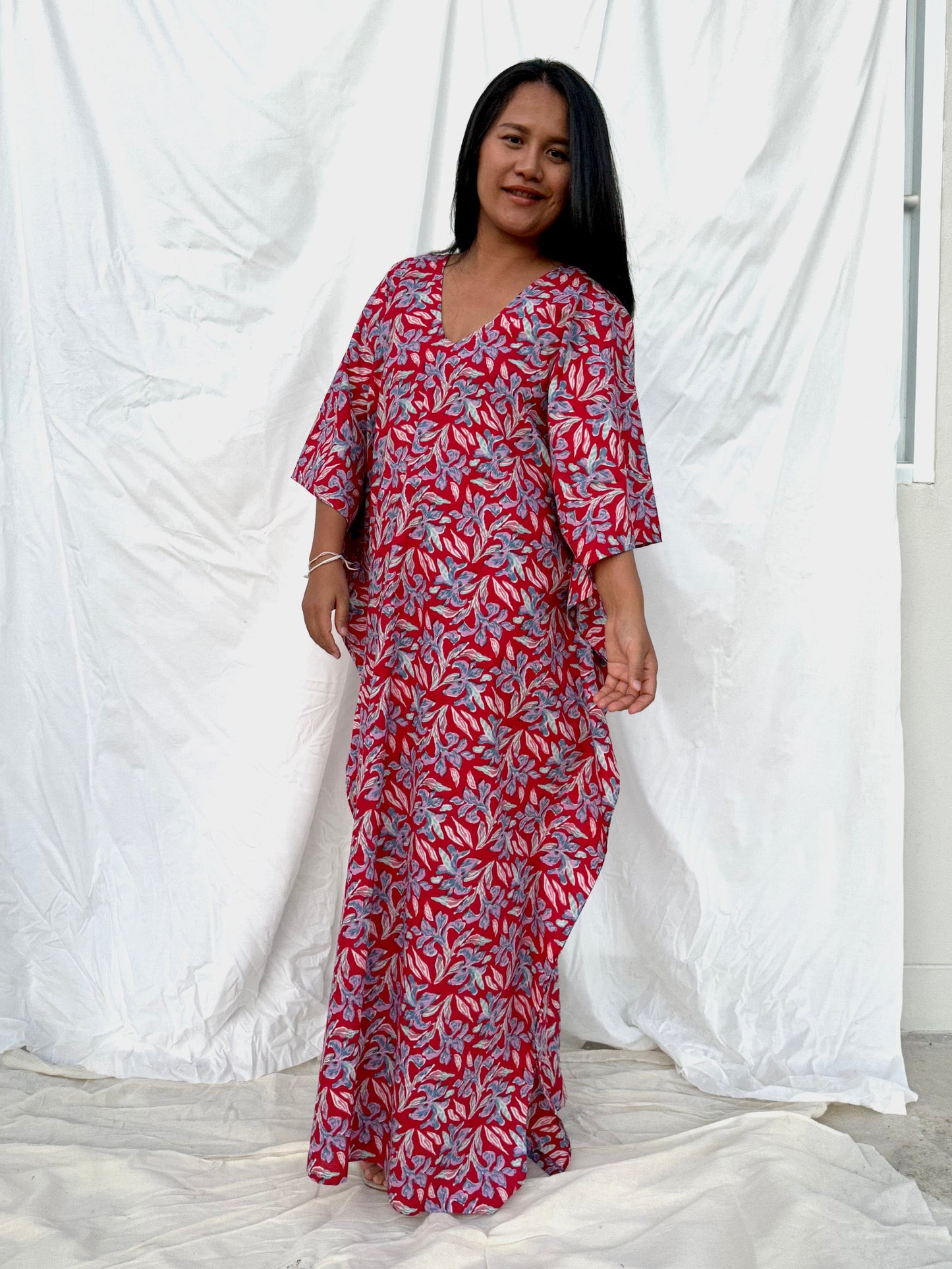MALA handworks  56 Evelyn Kaftan in Red and Floral Pattern