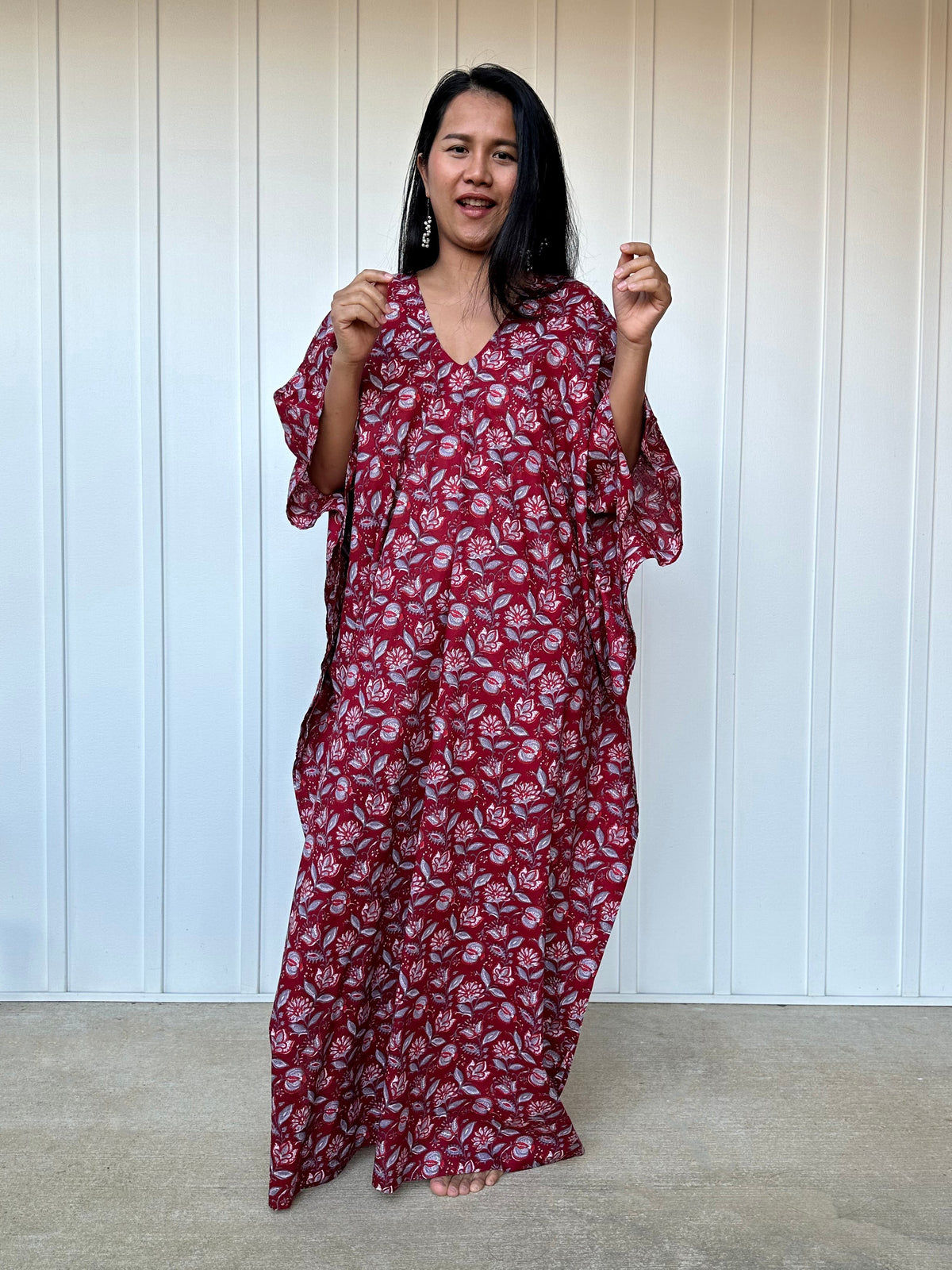 MALA handworks  Evelyn Kaftan in Red and Floral Pattern