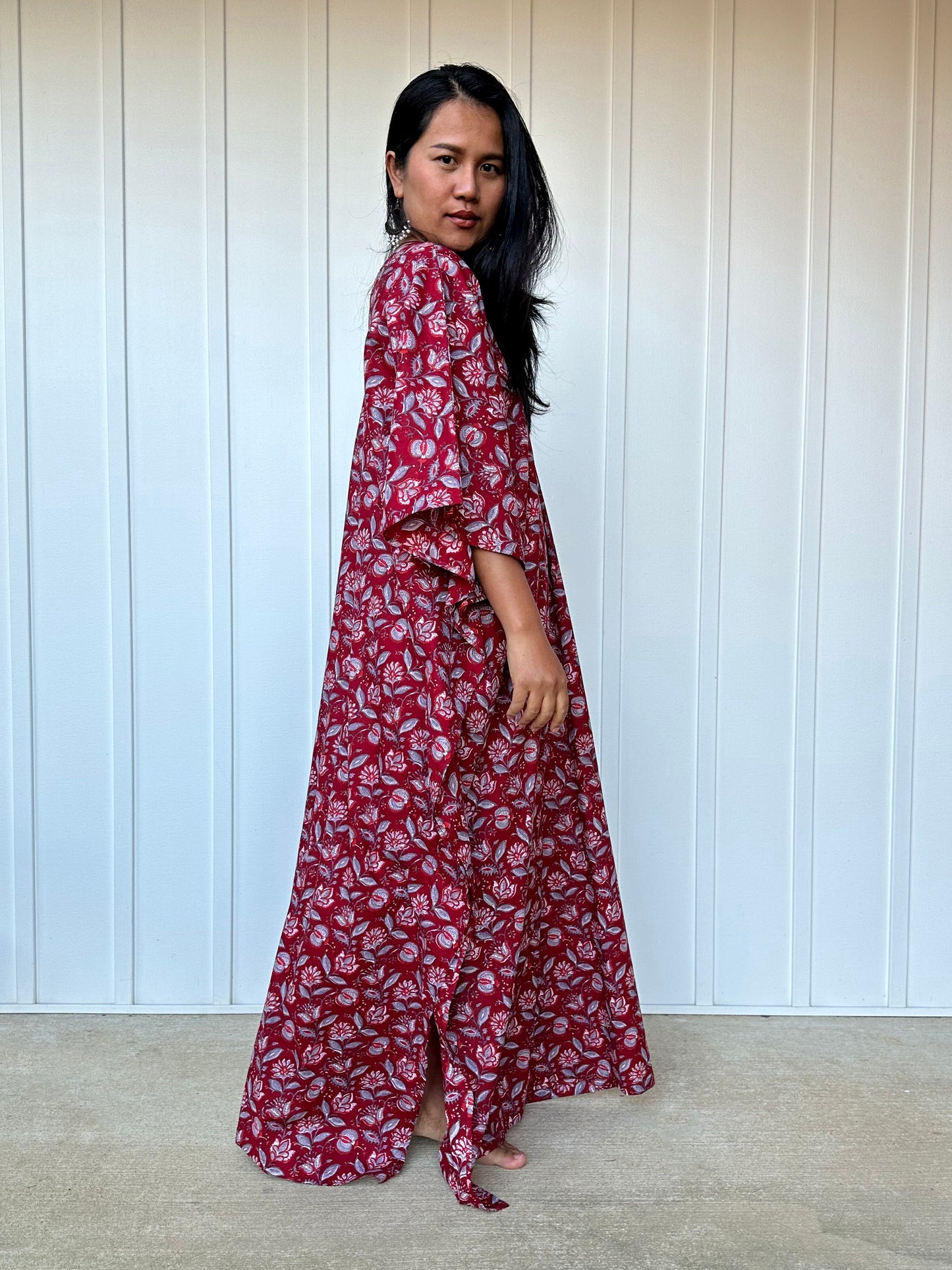 MALA handworks Evelyn Kaftan in Red and Floral Pattern