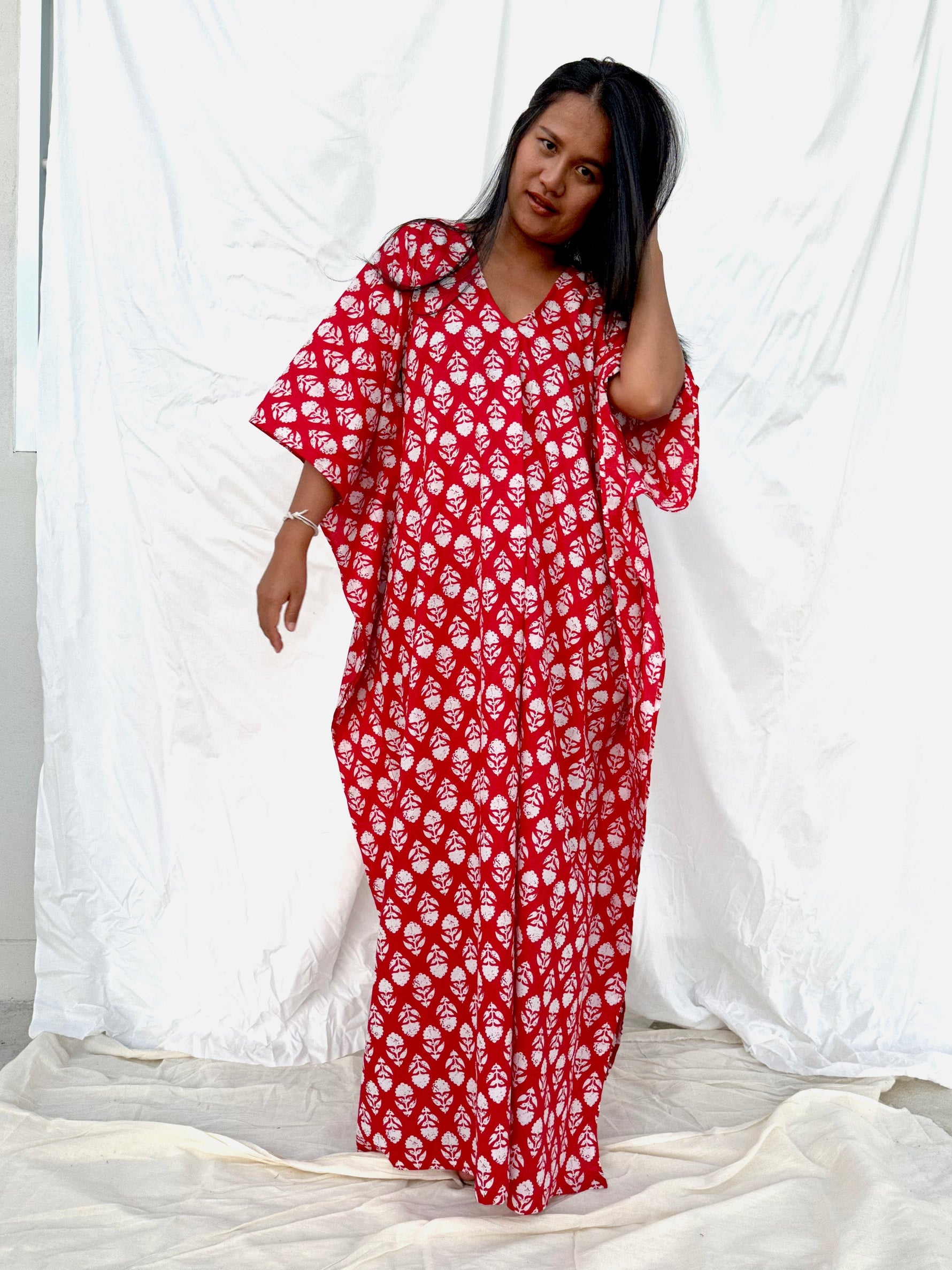 MALA handworks 56 Evelyn Kaftan in Red and White Pattern