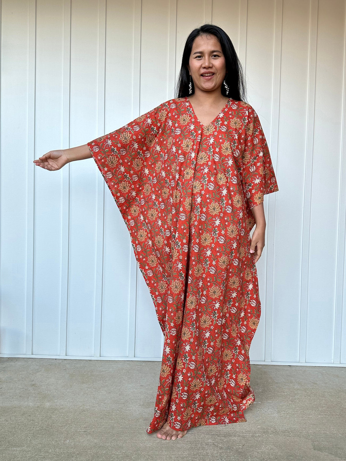 MALA handworks  Evelyn Kaftan in Rust Orange and Floral Pattern