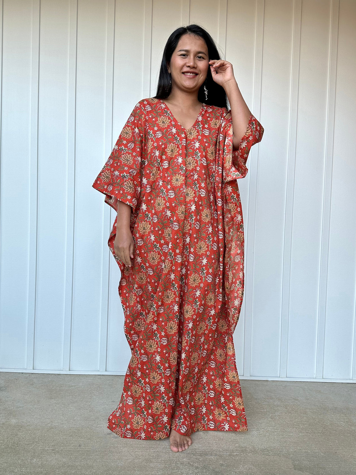 MALA handworks  Evelyn Kaftan in Rust Orange and Floral Pattern
