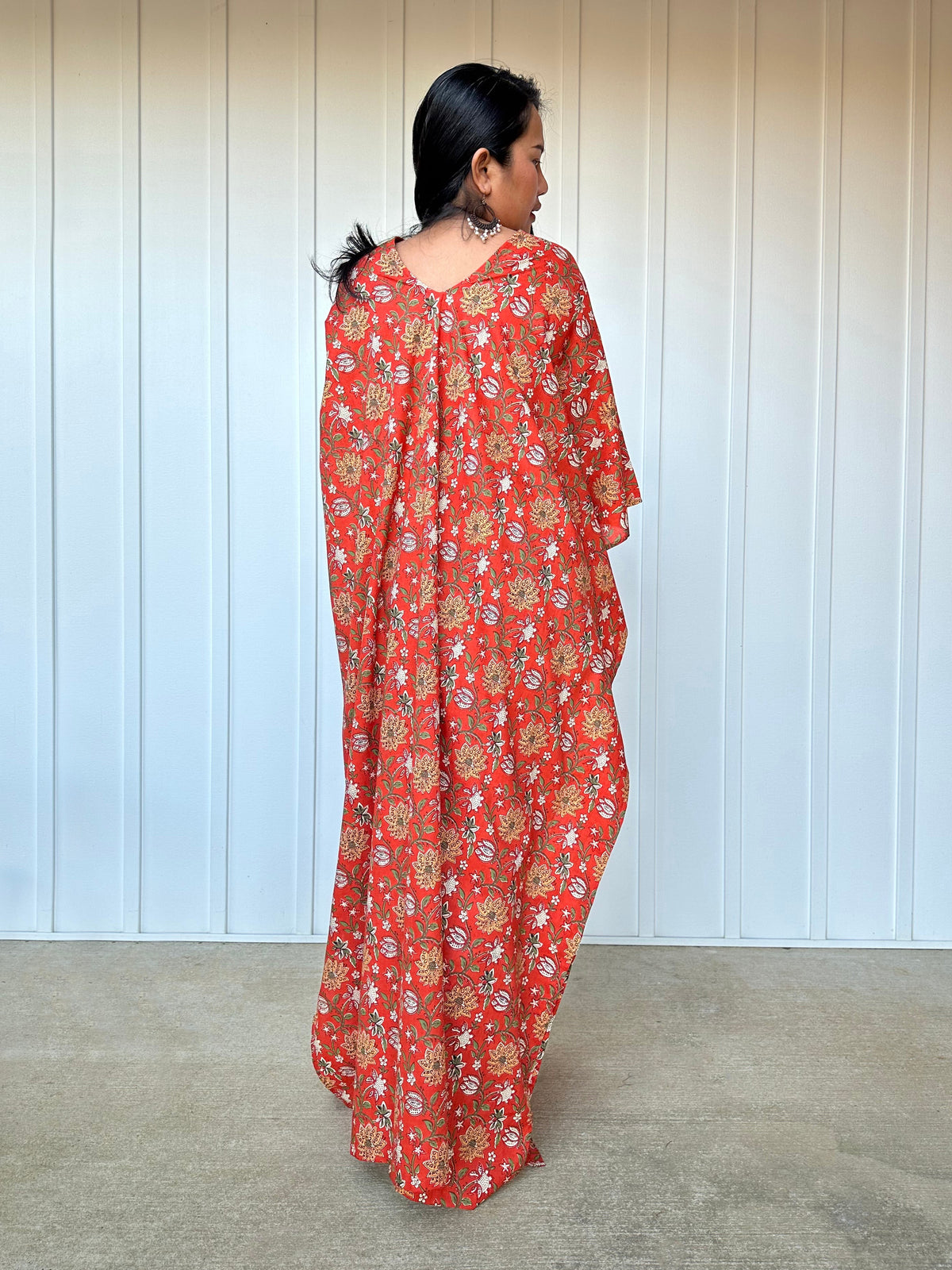 MALA handworks  Evelyn Kaftan in Rust Orange and Floral Pattern