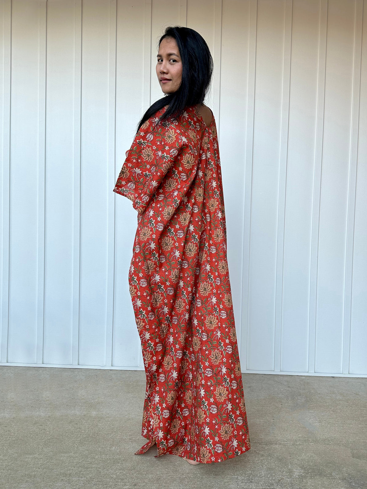 MALA handworks  Evelyn Kaftan in Rust Orange and Floral Pattern