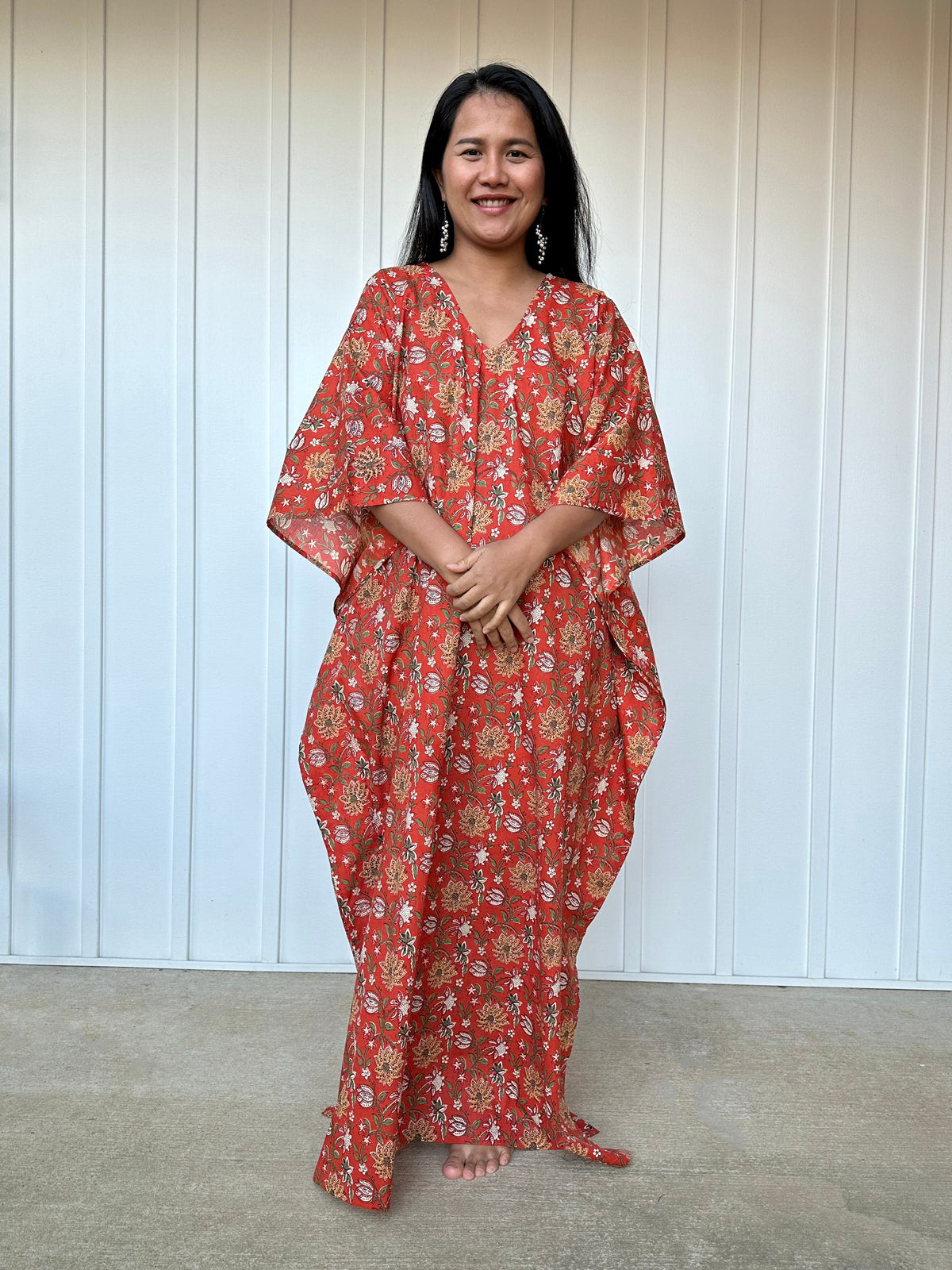 MALA handworks  Evelyn Kaftan in Rust Orange and Floral Pattern