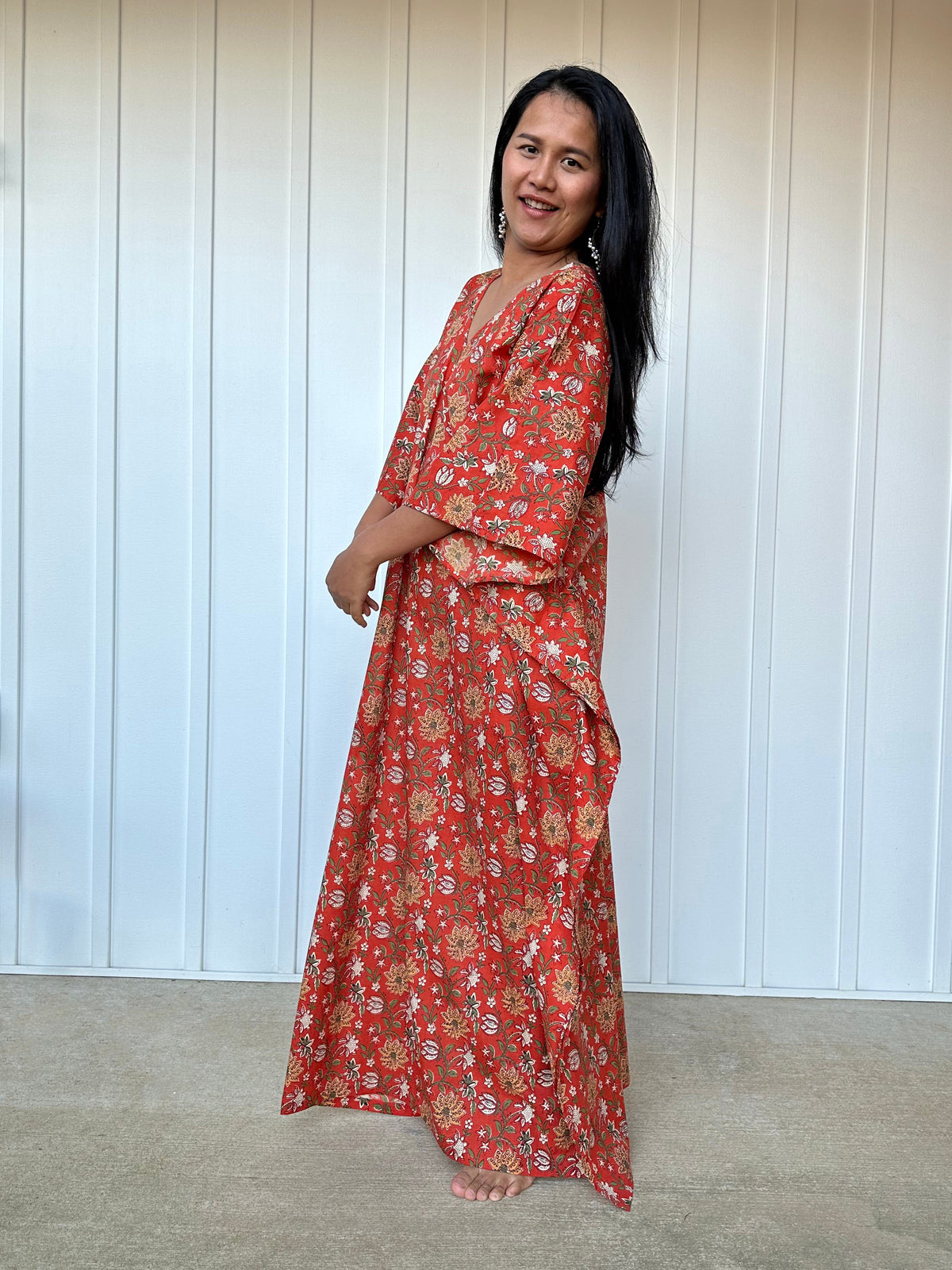 MALA handworks  Evelyn Kaftan in Rust Orange and Floral Pattern