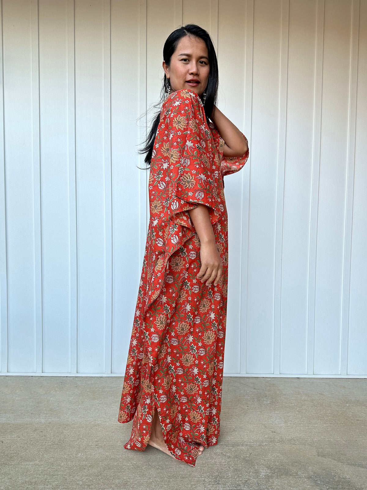 MALA handworks  Evelyn Kaftan in Rust Orange and Floral Pattern