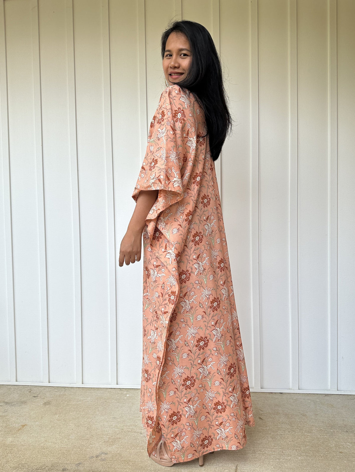 MALA handworks  56 Evelyn Kaftan in Skin Pink and Floral Pattern