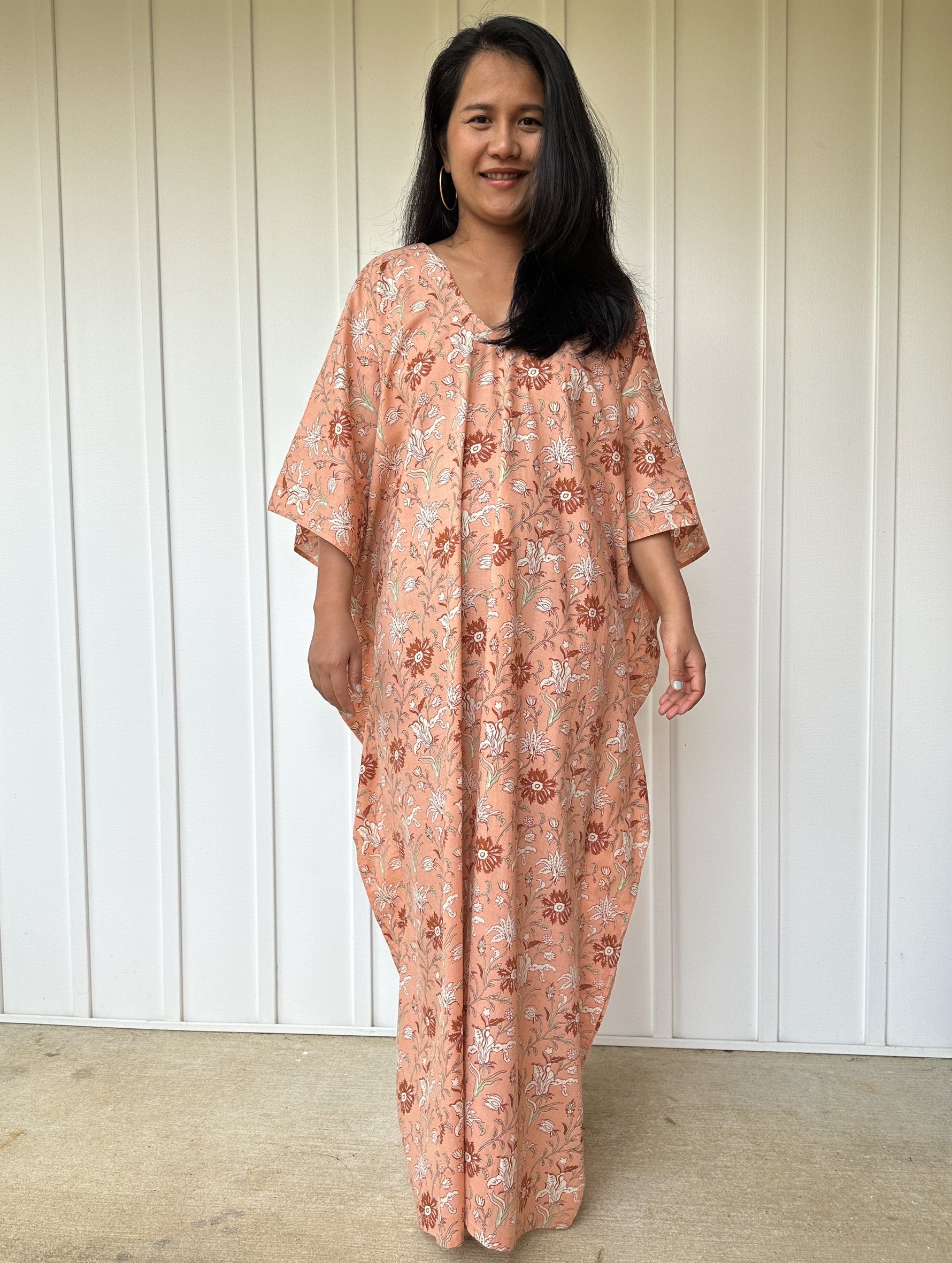MALA handworks 56 Evelyn Kaftan in Skin Pink and Floral Pattern