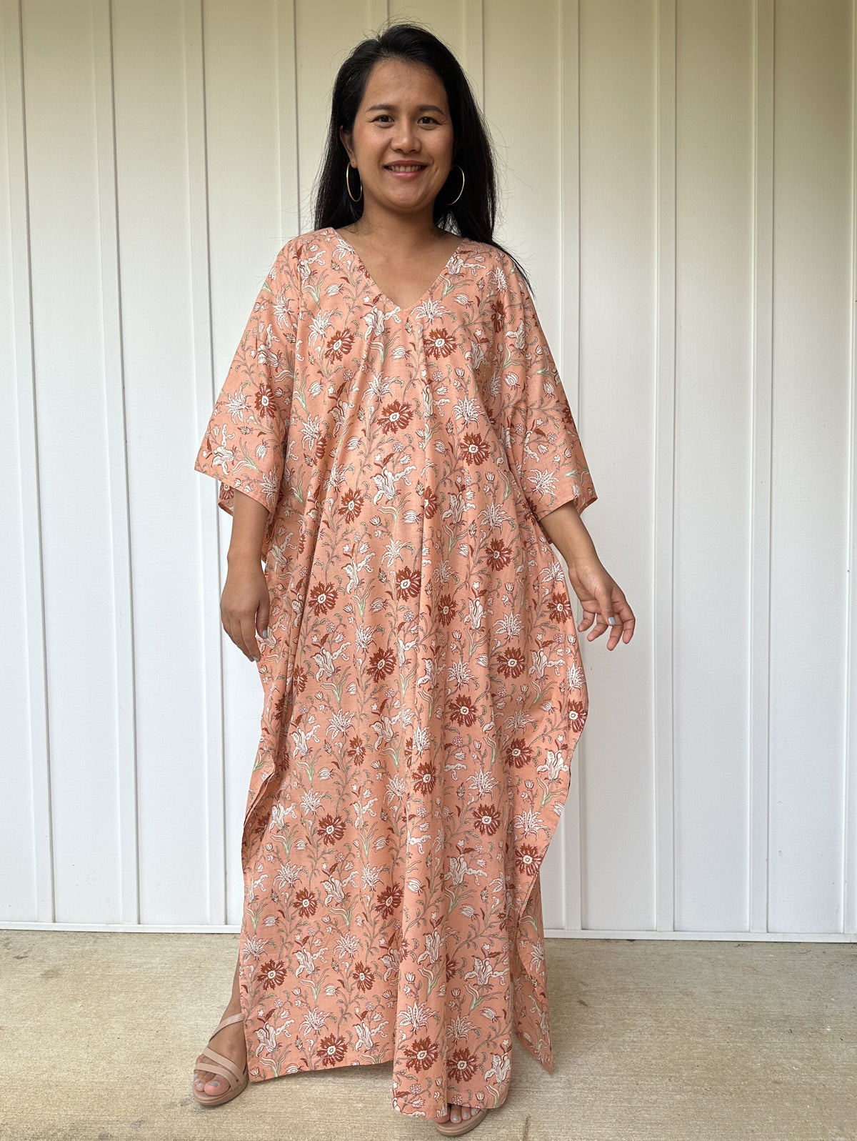 MALA handworks  56 Evelyn Kaftan in Skin Pink and Floral Pattern