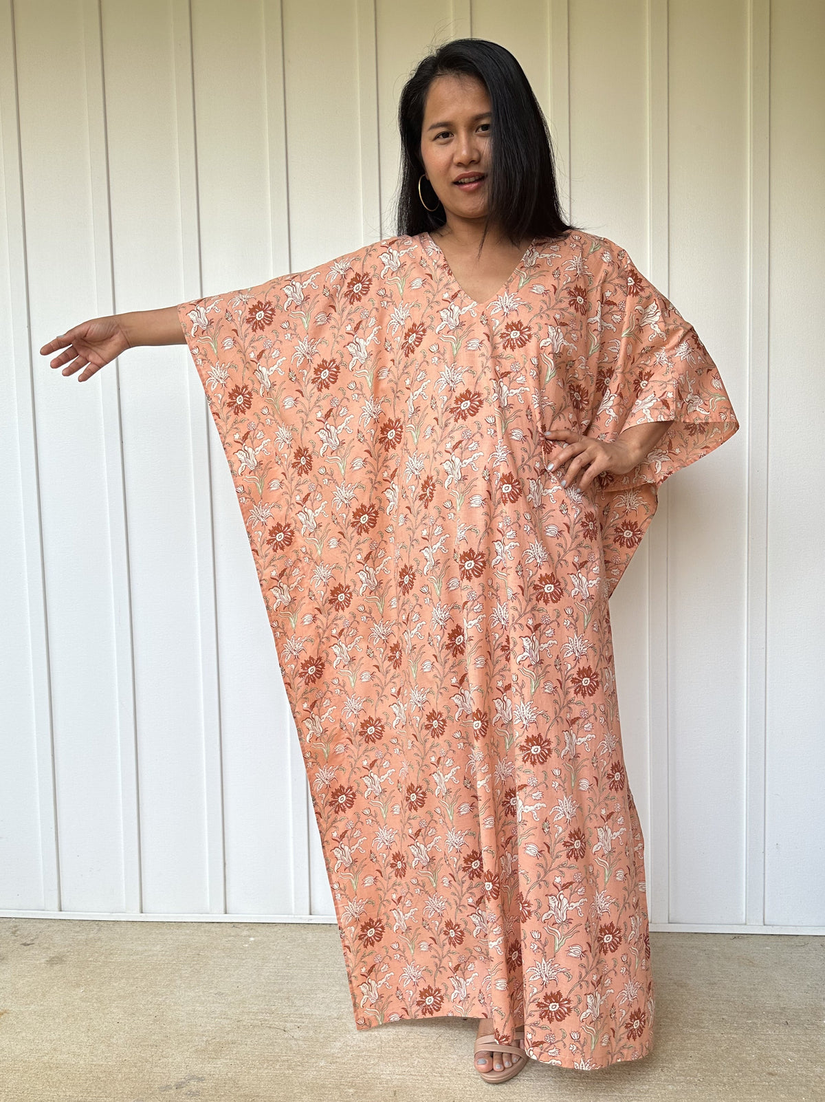 MALA handworks  56 Evelyn Kaftan in Skin Pink and Floral Pattern