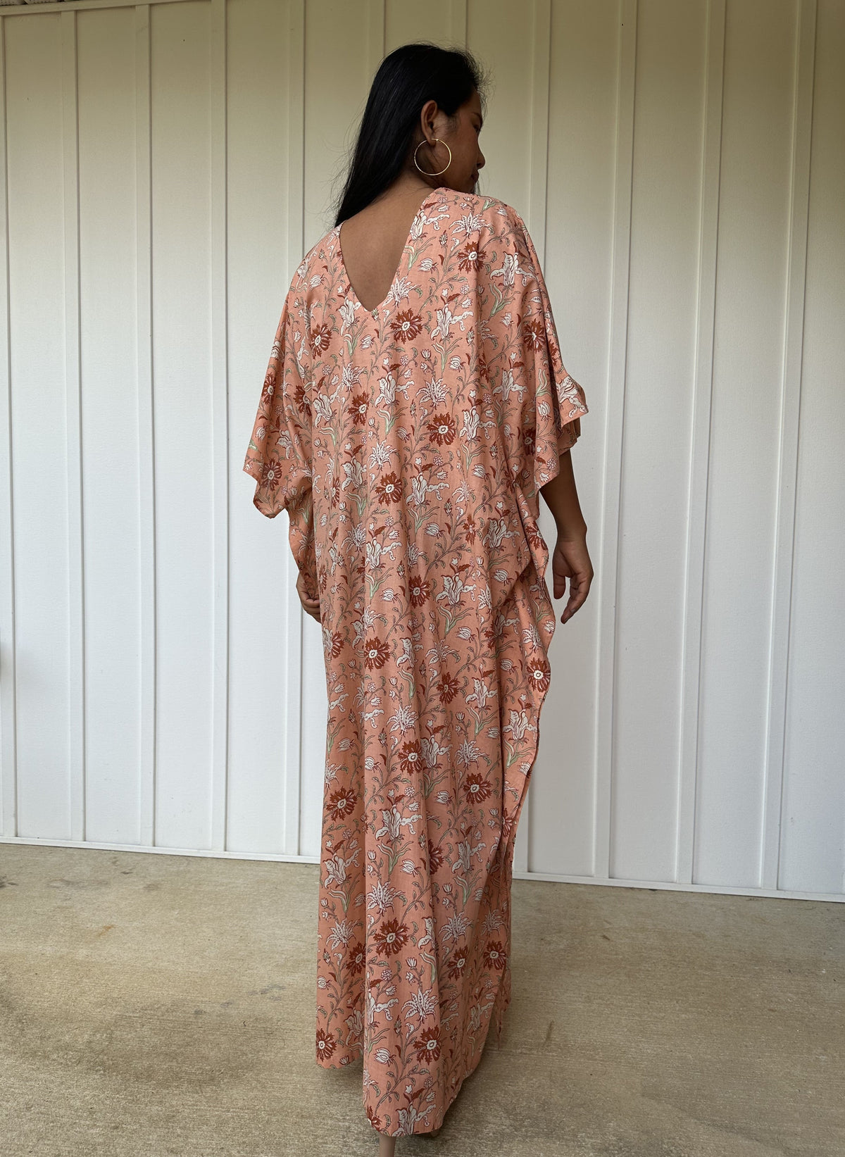 MALA handworks  56 Evelyn Kaftan in Skin Pink and Floral Pattern