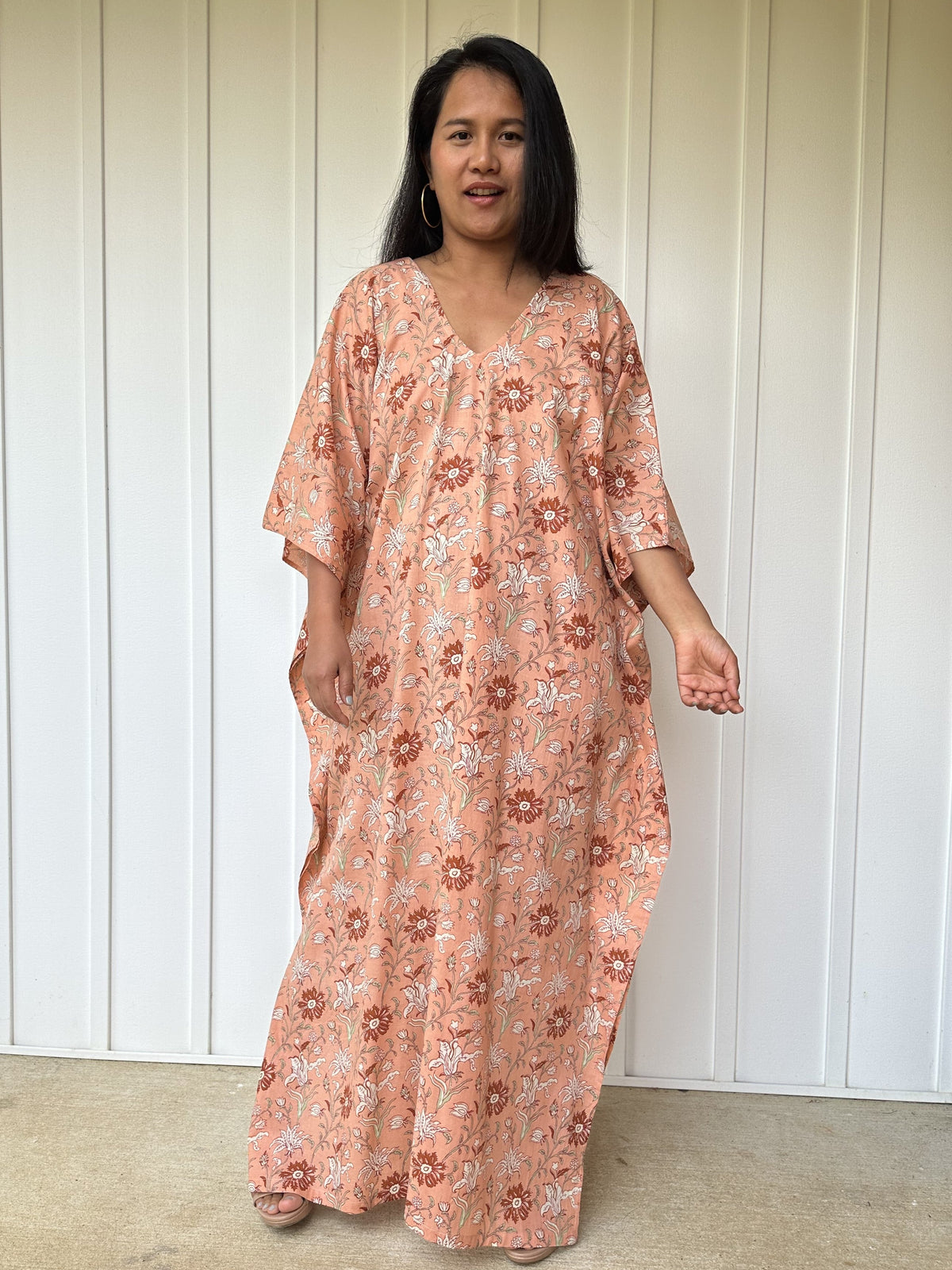 MALA handworks  56 Evelyn Kaftan in Skin Pink and Floral Pattern