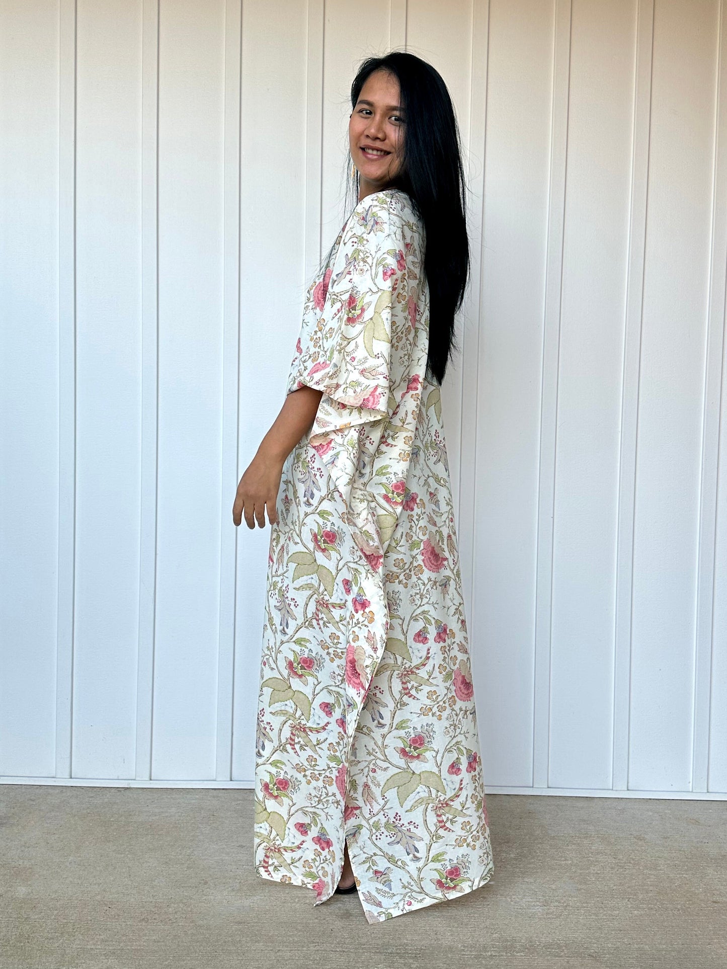 MALA handworks 56 Evelyn Kaftan in White and Floral Pattern