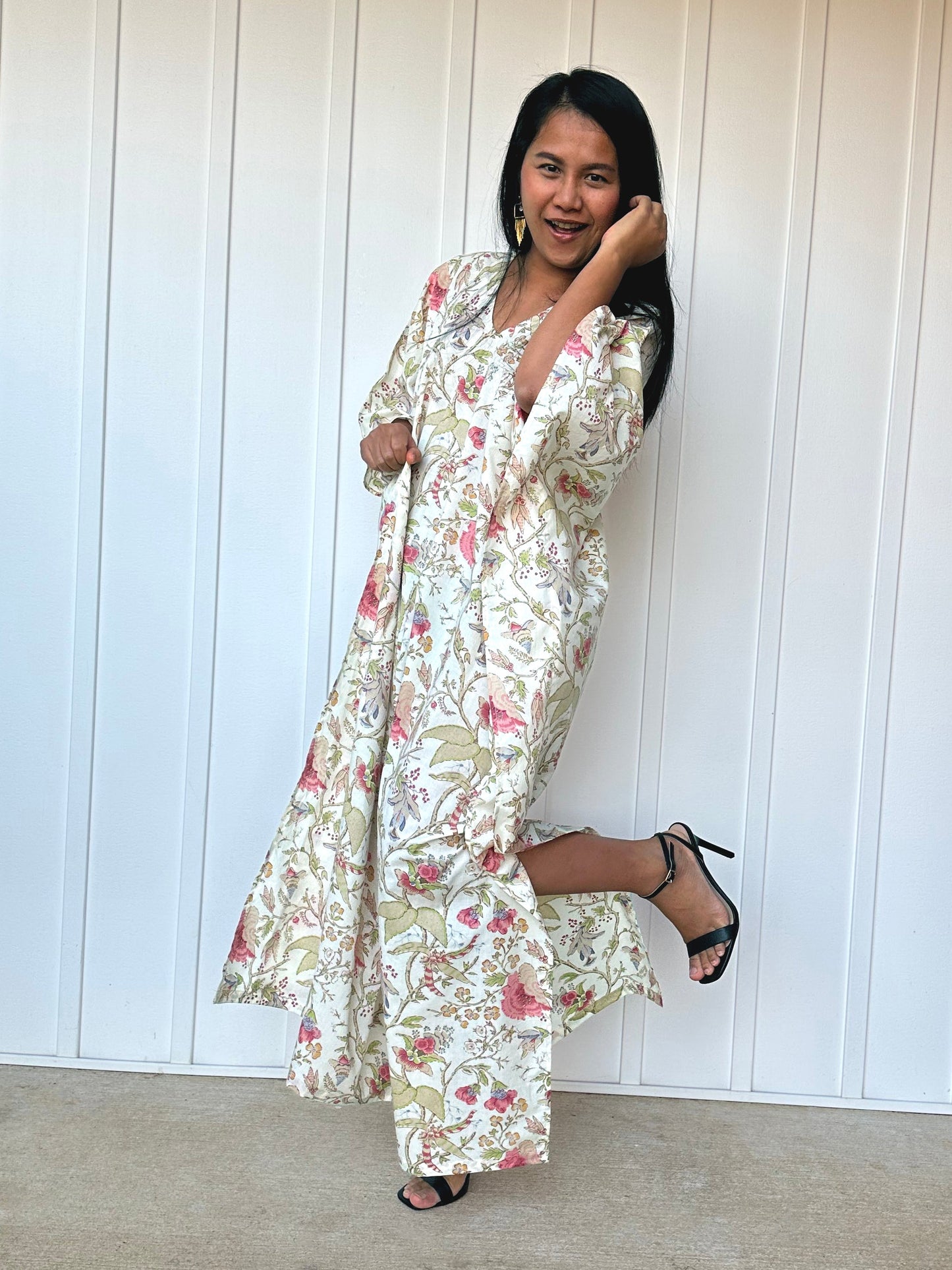 MALA handworks 56 Evelyn Kaftan in White and Floral Pattern