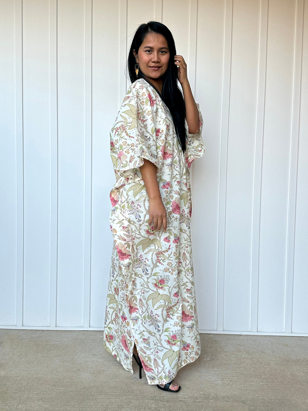 MALA handworks  56 Evelyn Kaftan in White and Floral Pattern