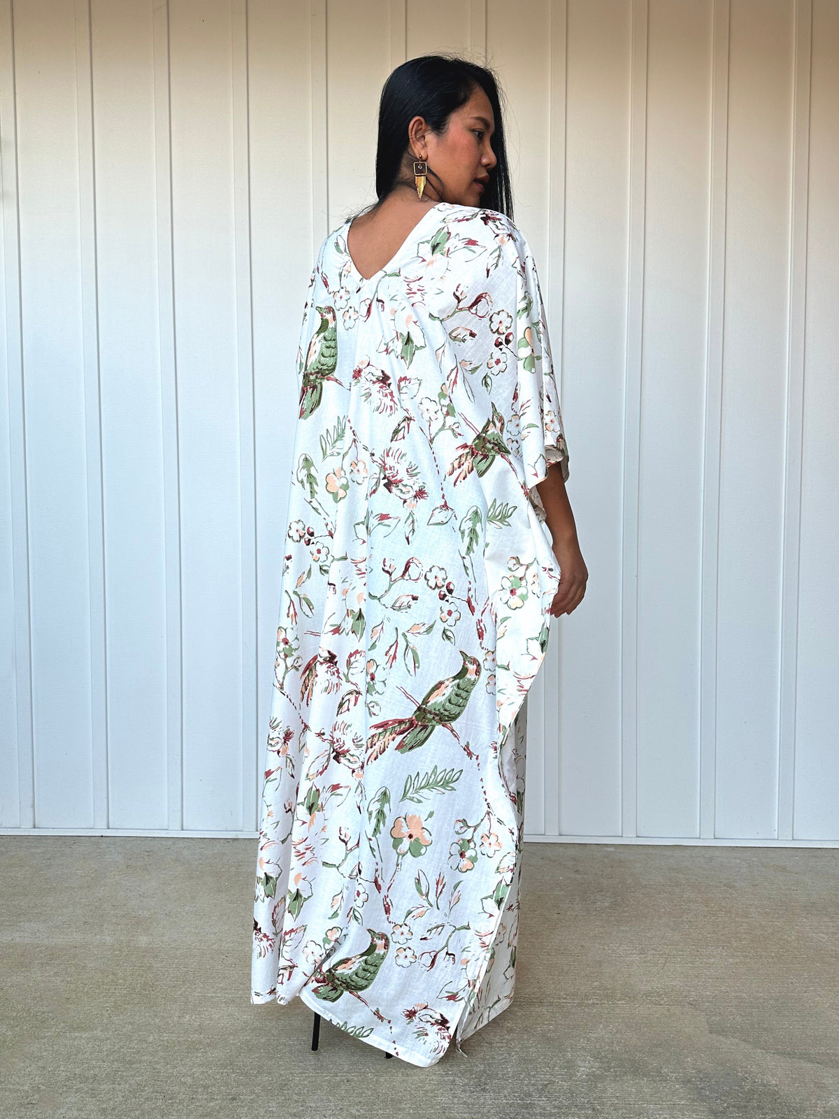 MALA handworks  56 Evelyn Kaftan in White and Floral Pattern