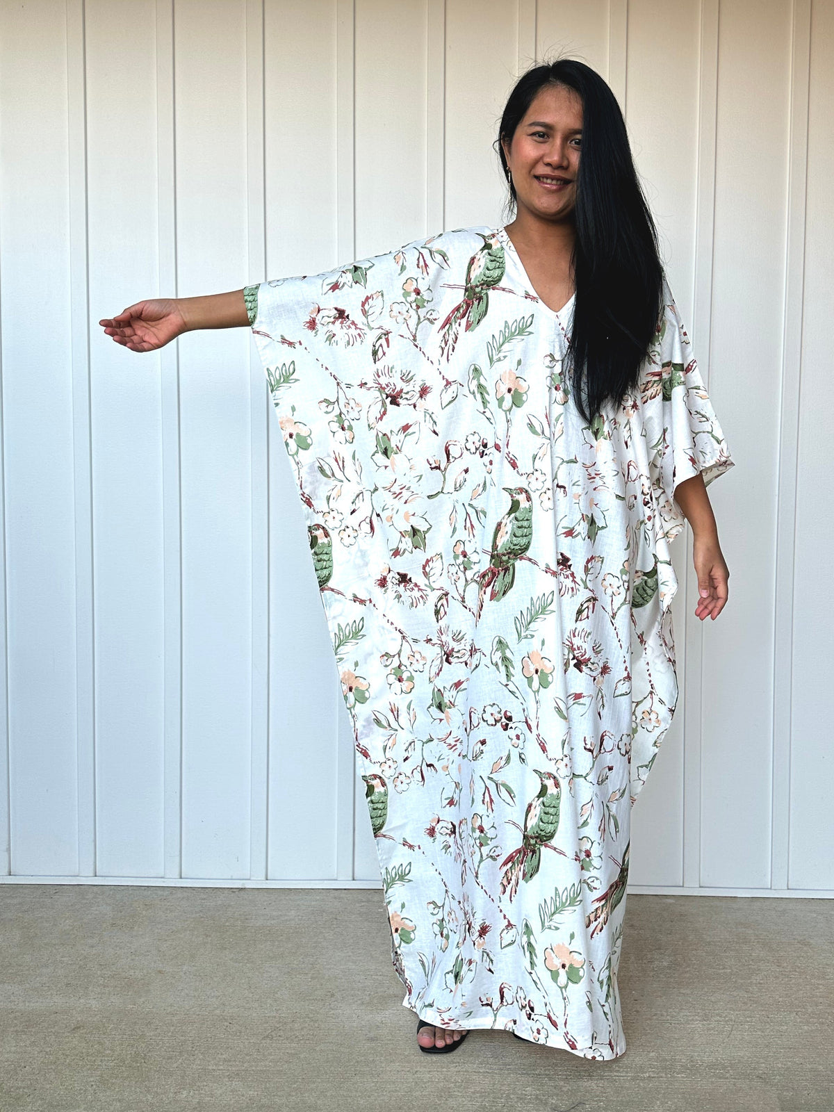 MALA handworks  56 Evelyn Kaftan in White and Floral Pattern