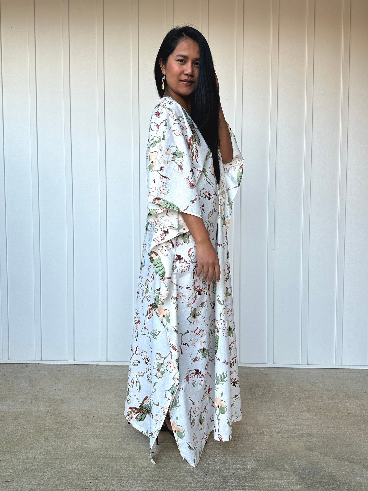 MALA handworks  56 Evelyn Kaftan in White and Floral Pattern