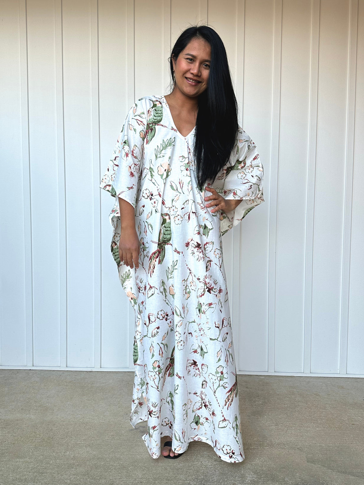MALA handworks  56 Evelyn Kaftan in White and Floral Pattern