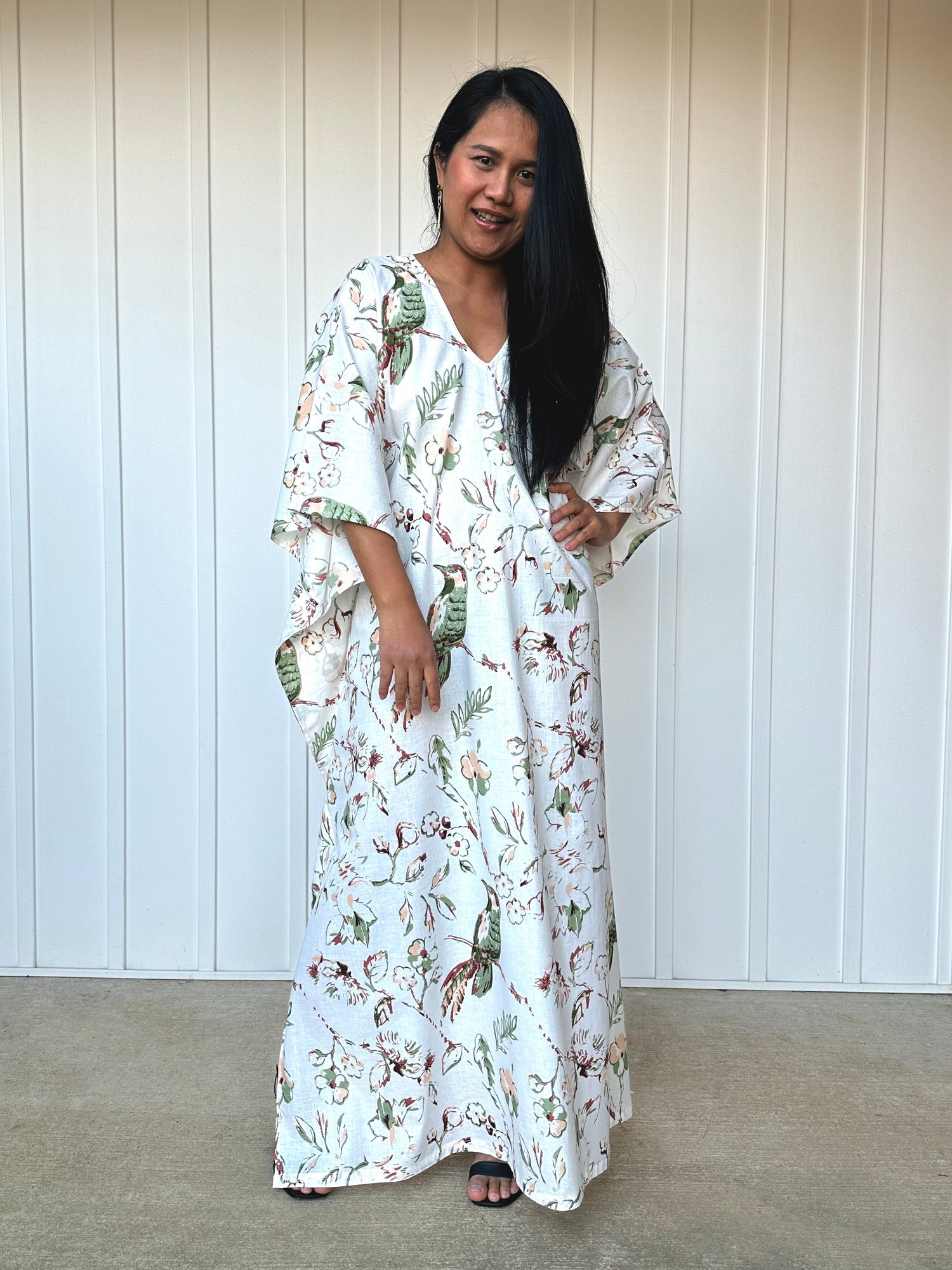MALA handworks  56 Evelyn Kaftan in White and Floral Pattern