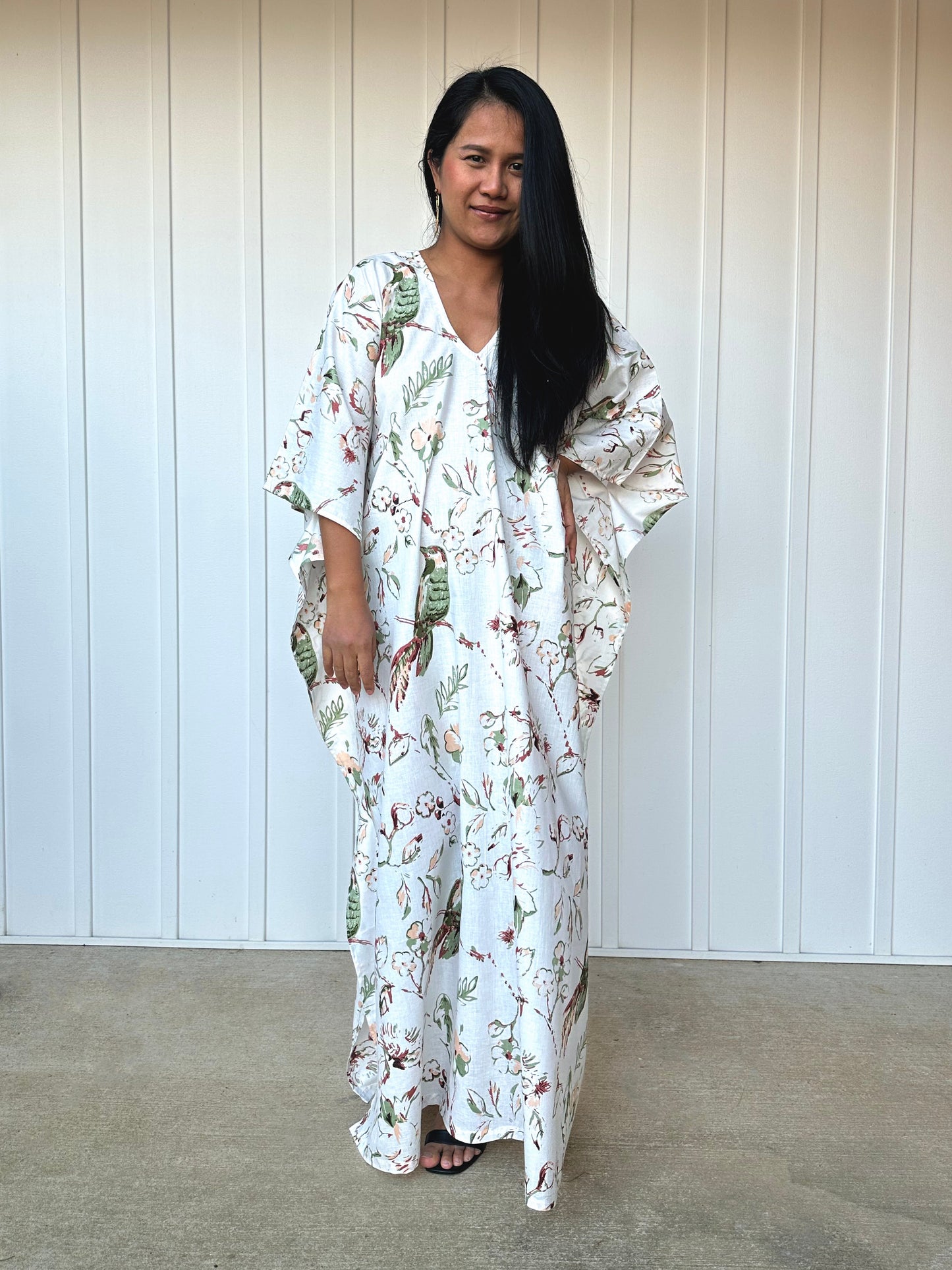 MALA handworks  56 Evelyn Kaftan in White and Floral Pattern