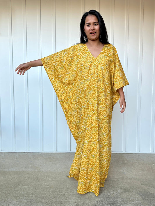 MALA handworks Evelyn Kaftan in Yellow and Floral Pattern