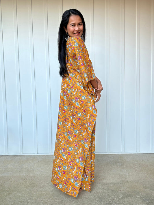 MALA handworks Evelyn Kaftan in Yellow and Floral Pattern