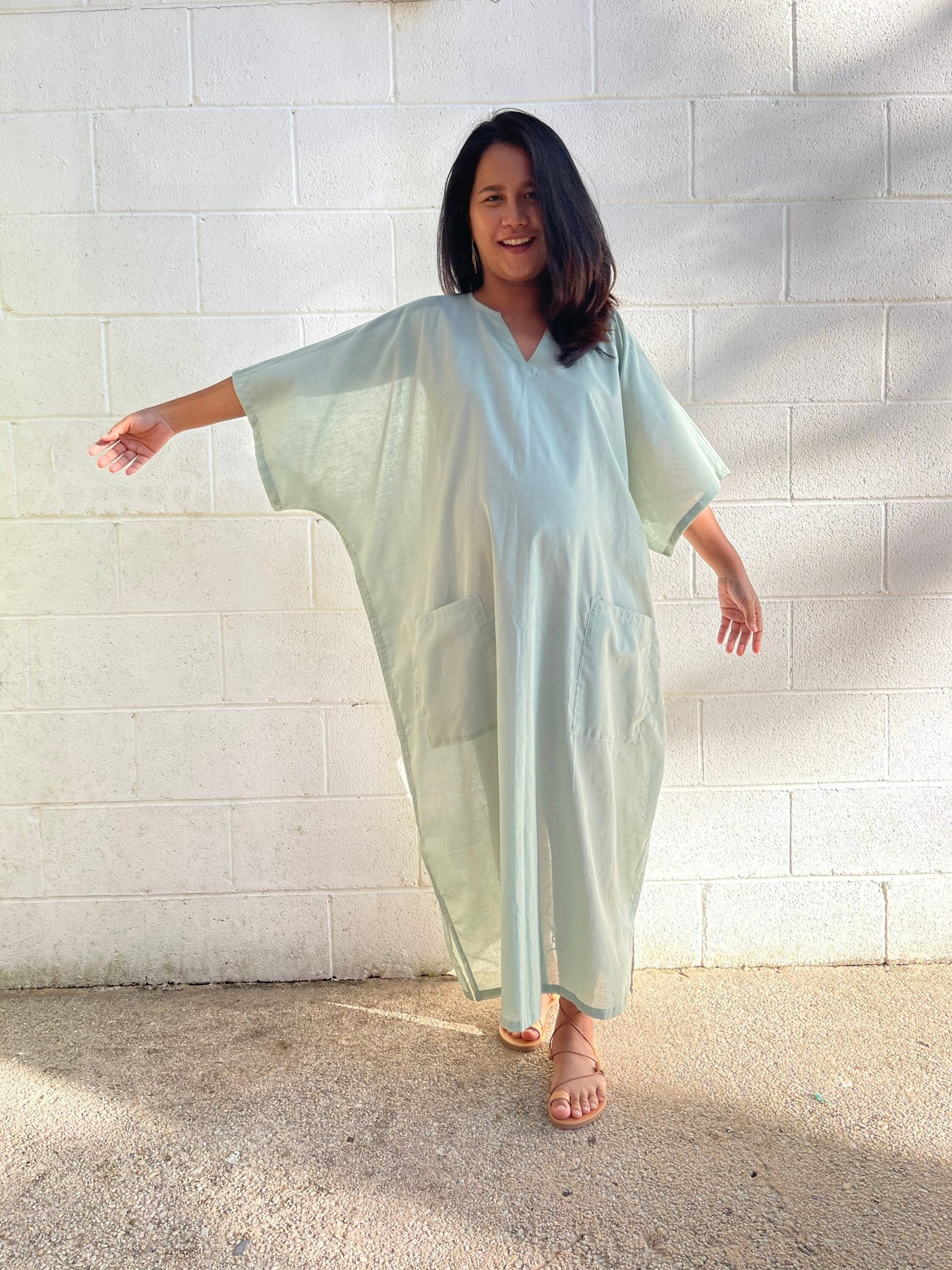 MALA handworks Evelyn semi sheer Kaftan in Light Green with Pockets - Limited Edition