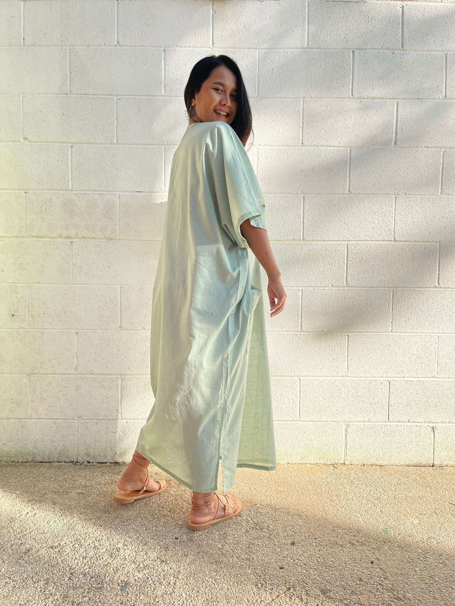 MALA handworks Evelyn semi sheer Kaftan in Light Green with Pockets - Limited Edition