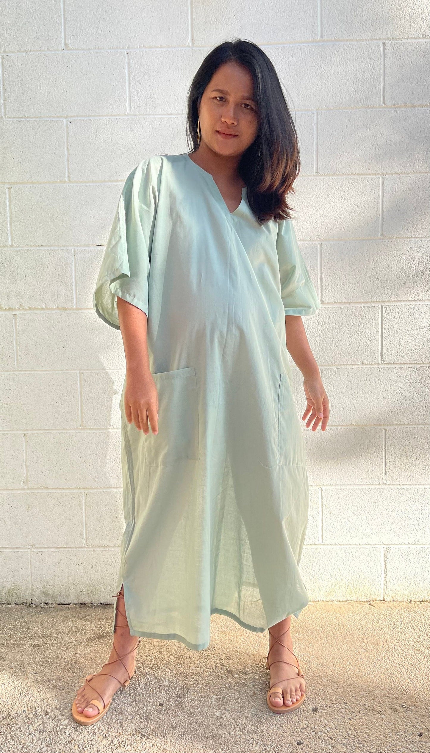 MALA handworks Evelyn semi sheer Kaftan in Light Green with Pockets - Limited Edition