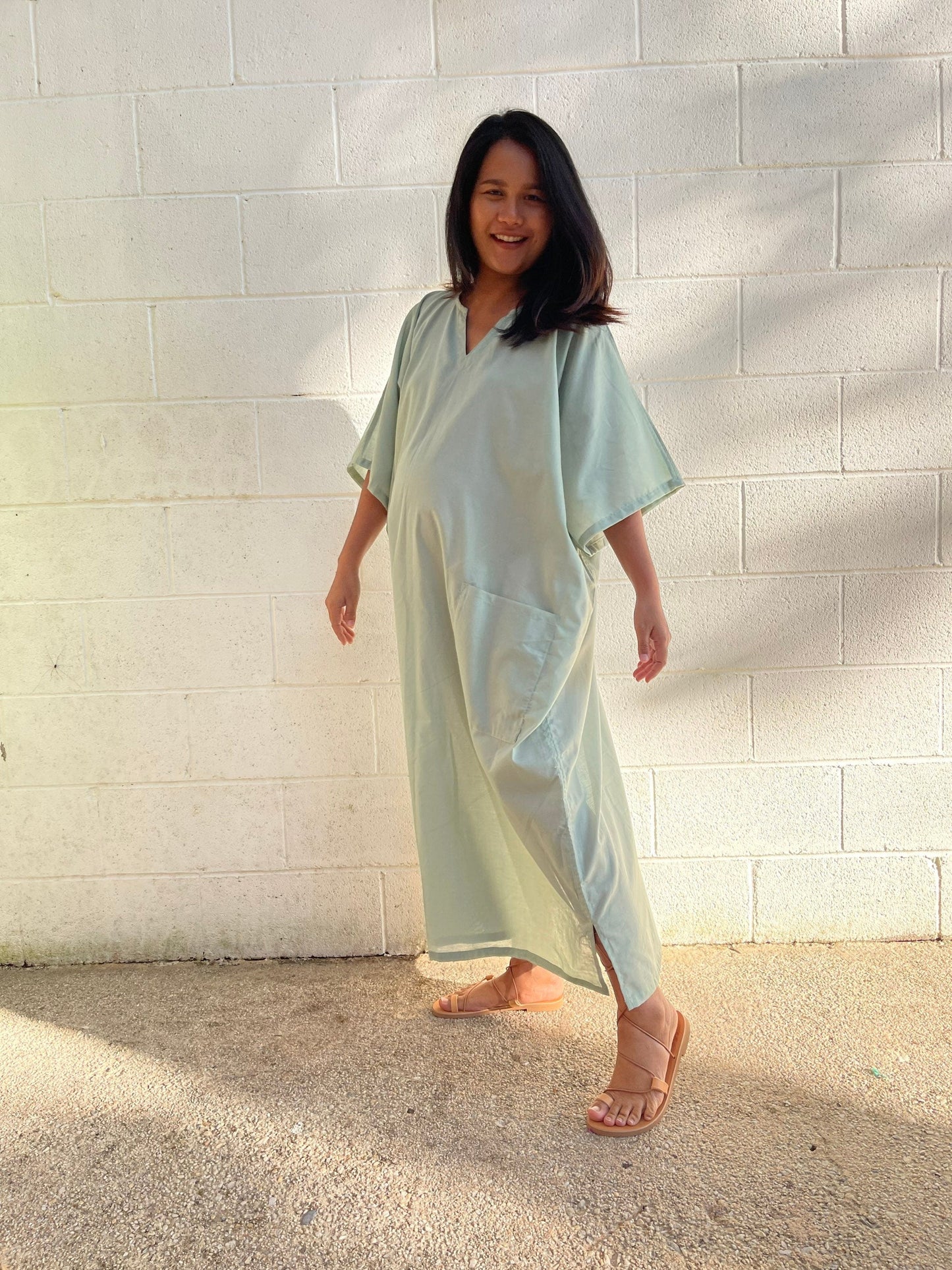 MALA handworks Evelyn semi sheer Kaftan in Light Green with Pockets - Limited Edition