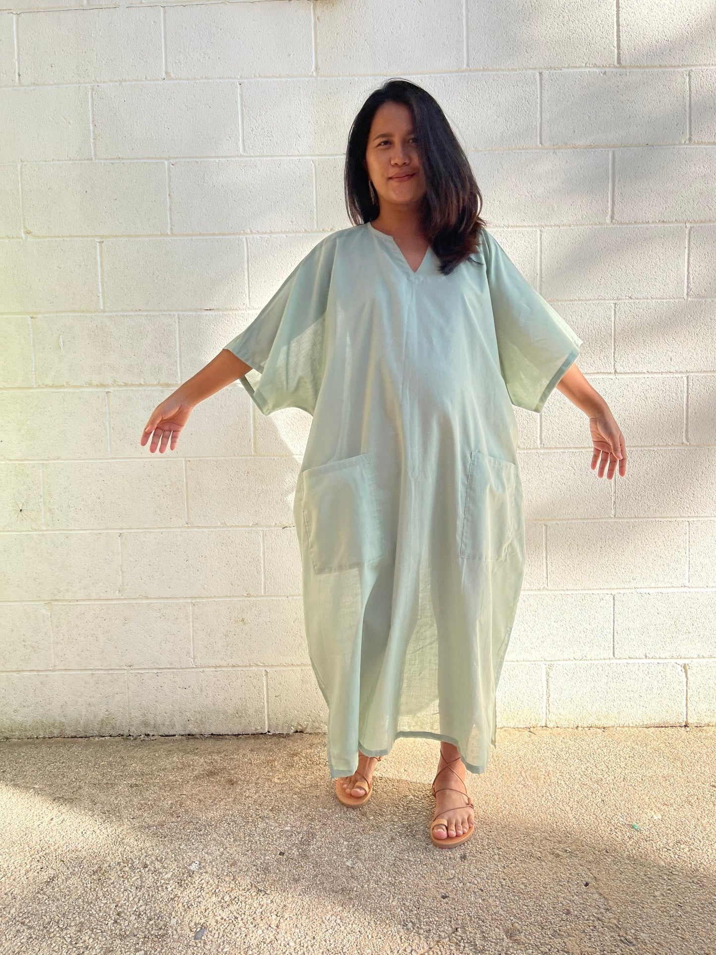 MALA handworks Evelyn semi sheer Kaftan in Light Green with Pockets - Limited Edition