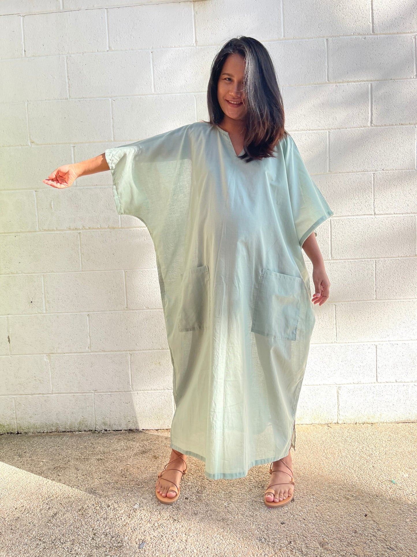 MALA handworks Evelyn semi sheer Kaftan in Light Green with Pockets - Limited Edition