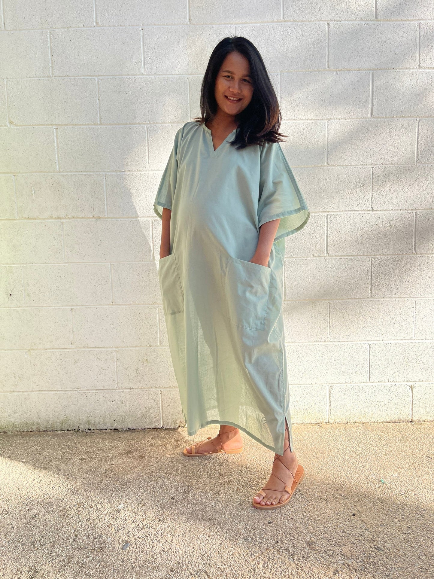 MALA handworks Evelyn semi sheer Kaftan in Light Green with Pockets - Limited Edition