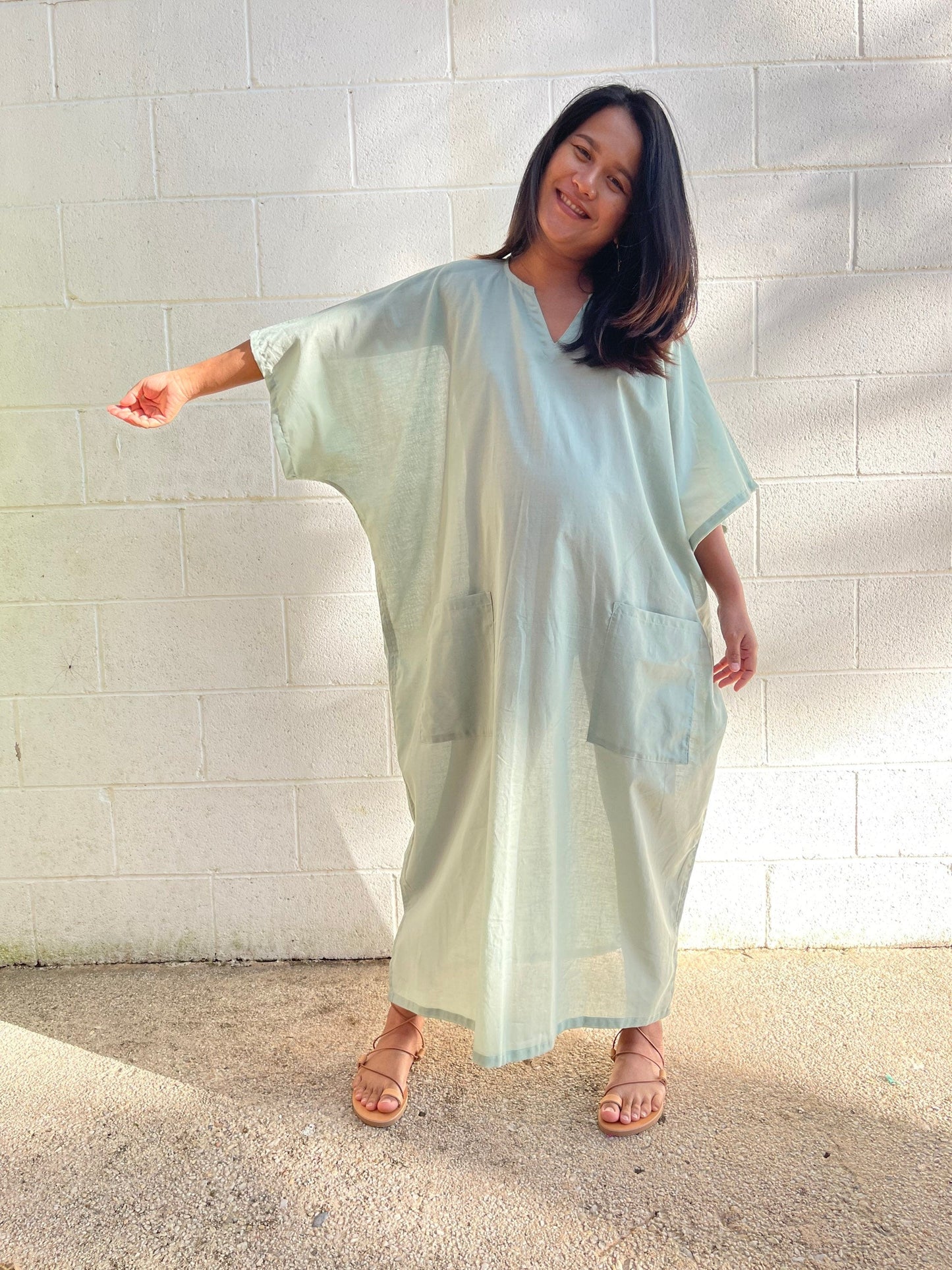 MALA handworks Evelyn semi sheer Kaftan in Light Green with Pockets - Limited Edition