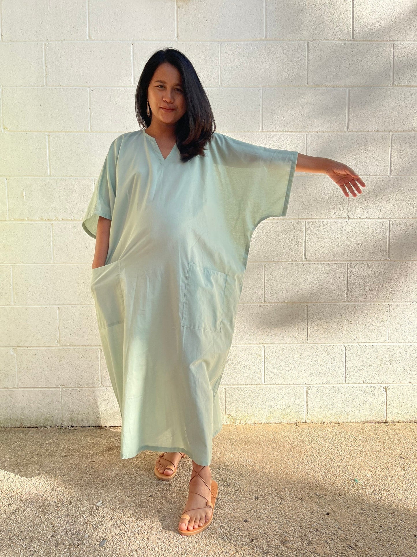 MALA handworks Evelyn semi sheer Kaftan in Light Green with Pockets - Limited Edition