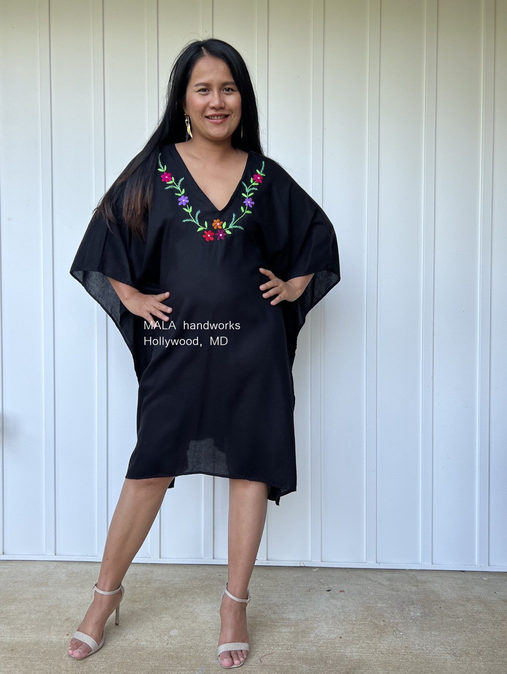 MALA handworks Fiona Midi Kaftan in Black and Hand Embroidery