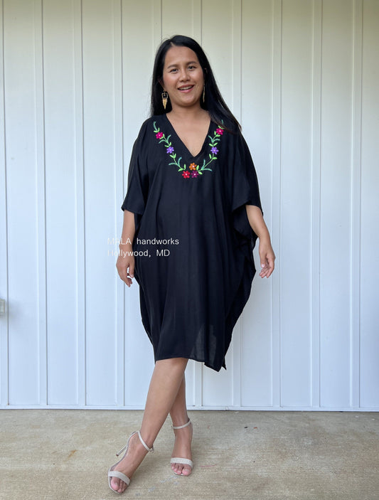 MALA handworks Fiona Midi Kaftan in Black and Hand Embroidery