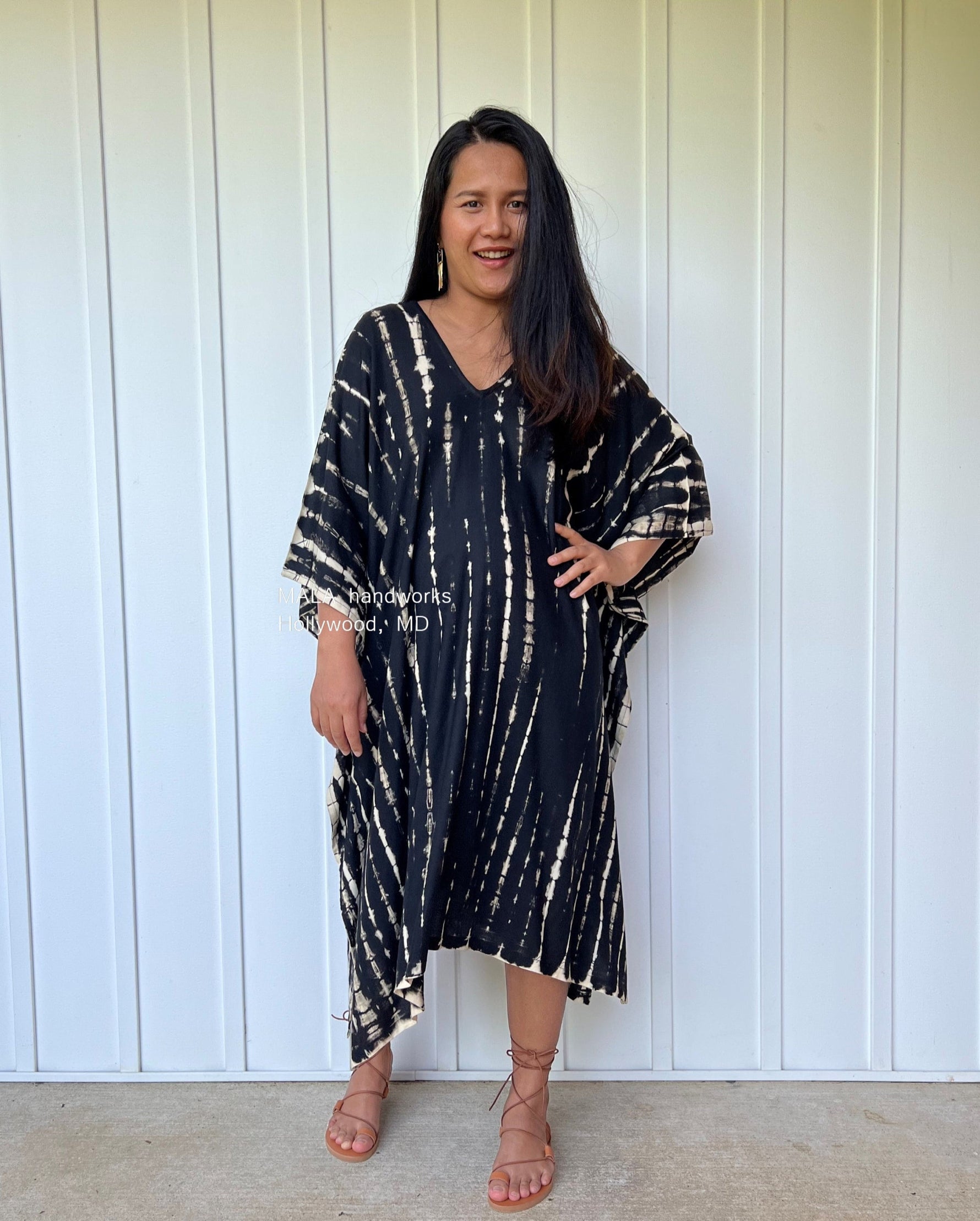 MALA handworks Fiona Midi Kaftan in Black Tie Dye