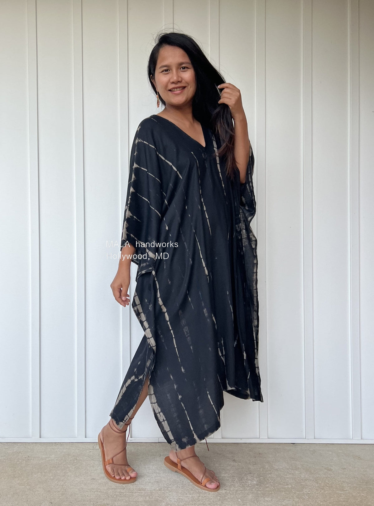 MALA handworks  Fiona Midi Kaftan in Black Tie Dye