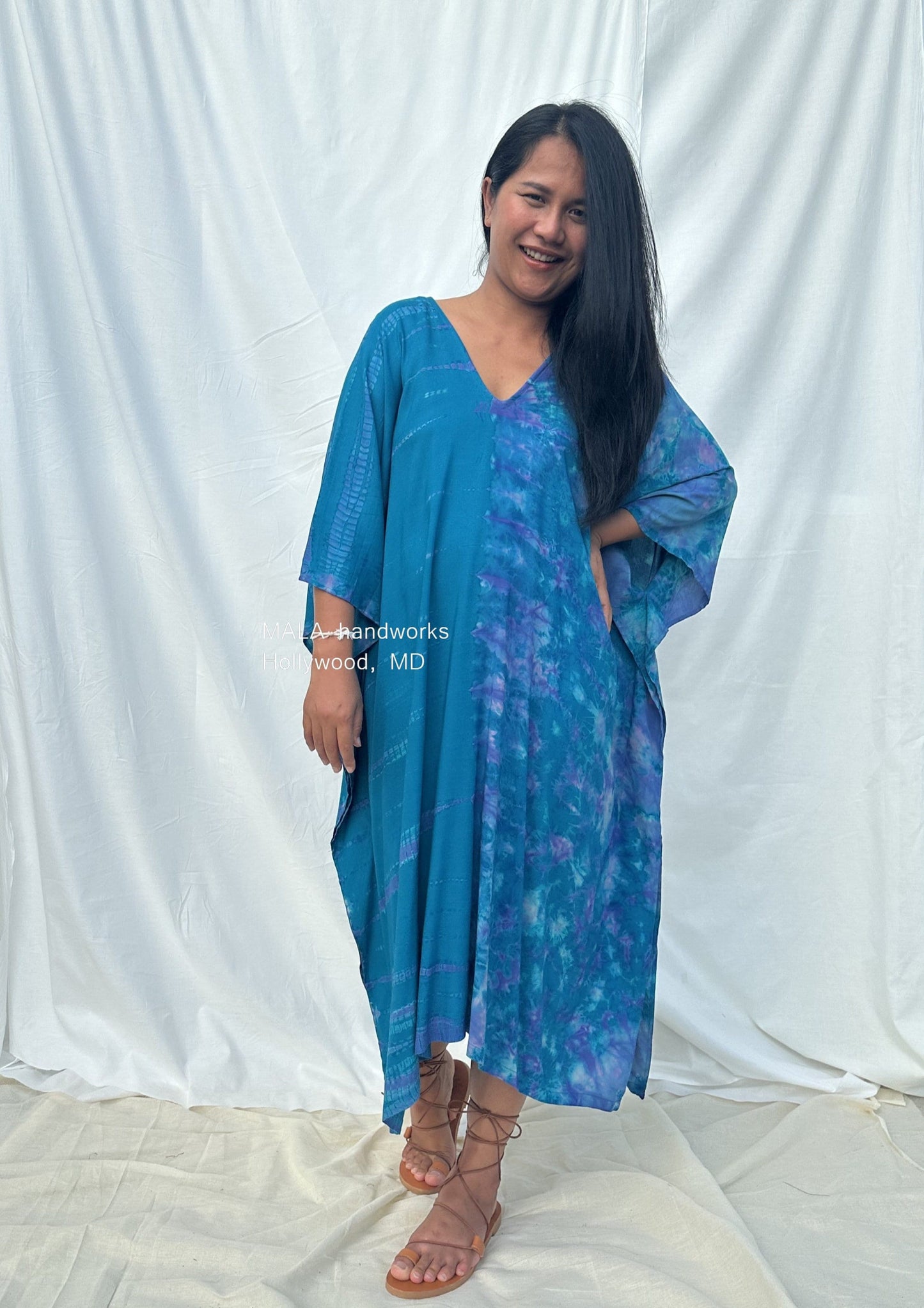 MALA handworks Fiona Midi Kaftan in Blue Aqua and Purple Tie Dye